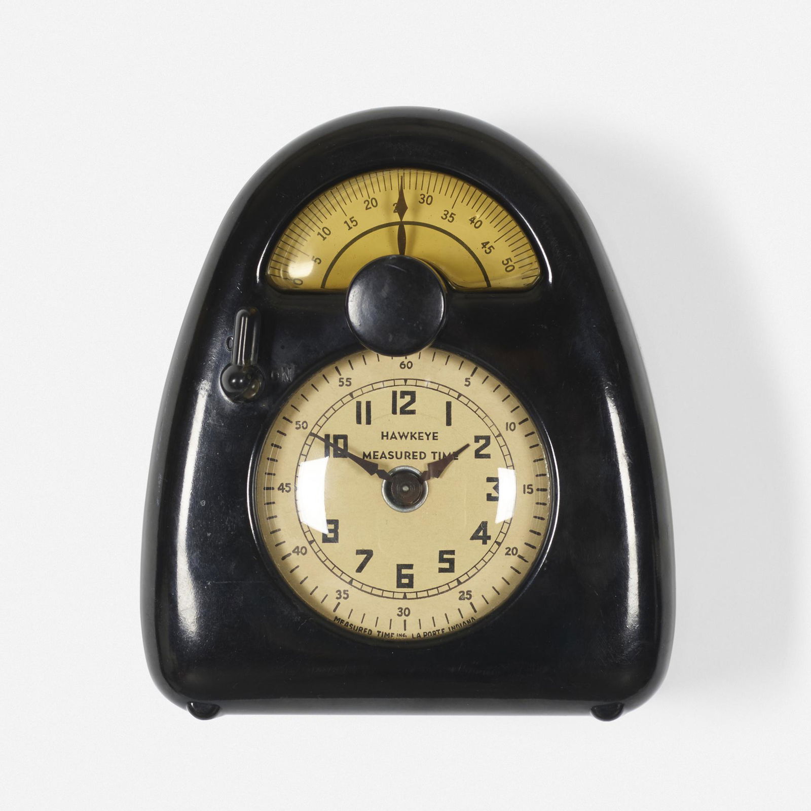Isamu Noguchi, Measured Time clock and kitchen timer: Isamu Noguchi Measured Time clock and kitchen timer Stevenson Mfg. Co.USA, c. 1932Bakelite, glass, printed paper, enameled brass5.25 w × 3.25 d × 6 h in (13 × 8 × 15 cm)