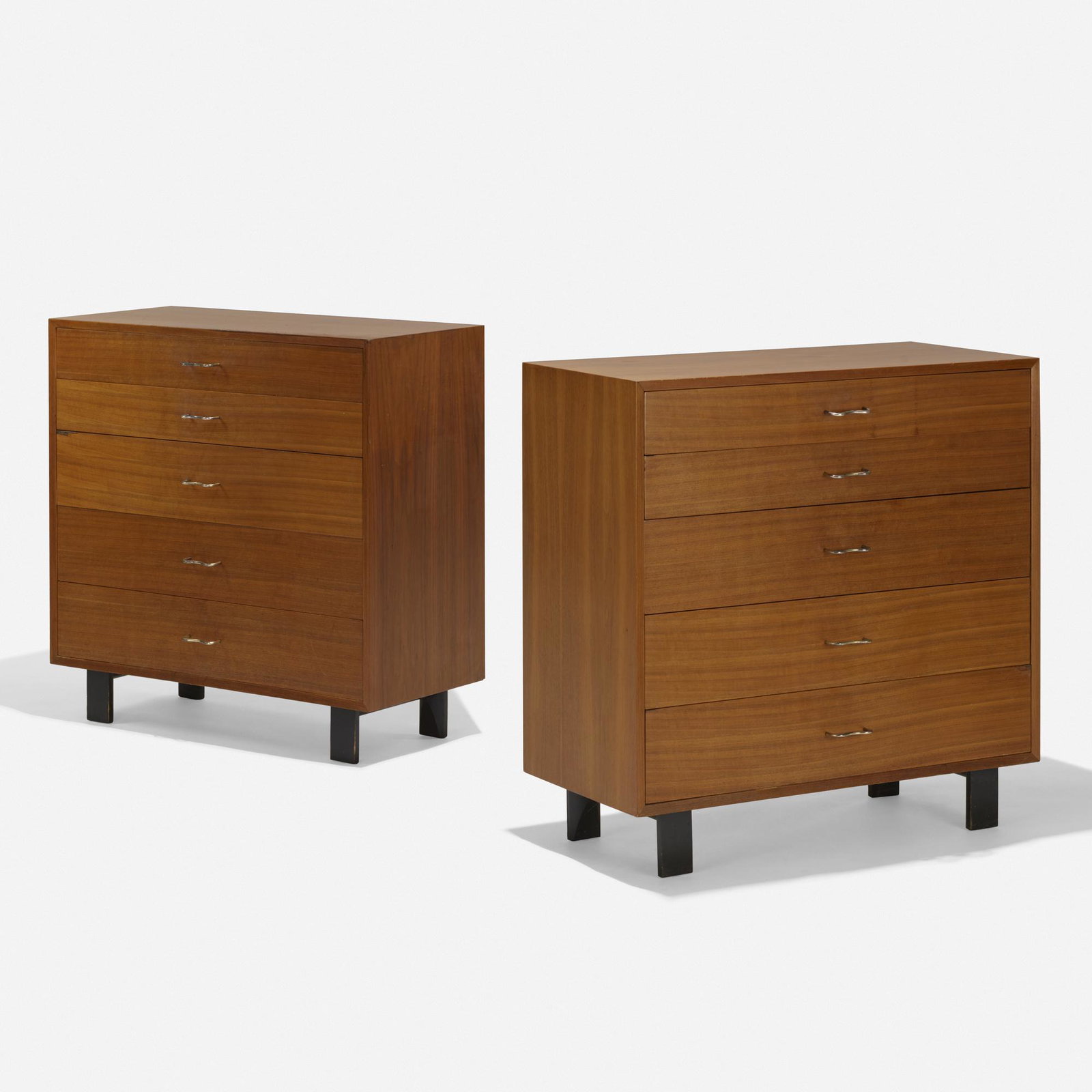 George Nelson & Associates, cabinets model 4620, pair: George Nelson & Associates cabinets model 4620, pair Herman Miller USA, 1946 walnut, lacquered wood, chrome-plated brass 40 w × 19.5 d × 39.75 h in (102 × 50 × 101 cm)