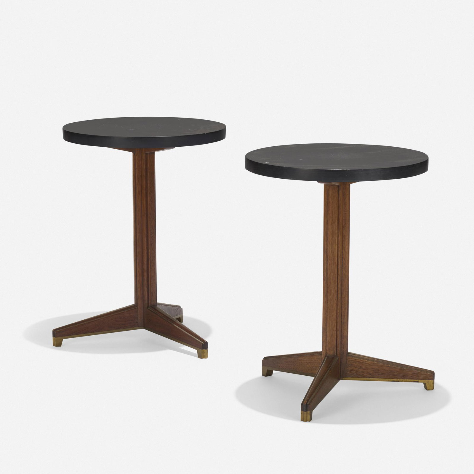 Edward Wormley, occasional tables, pair: Edward Wormley occasional tables, pair Dunbar USA, c. 1957 slate, mahogany, brass 15.5 w × 14 d × 20.25 h in (39 × 36 × 51 cm) Applied rectangular brass manufacturer's