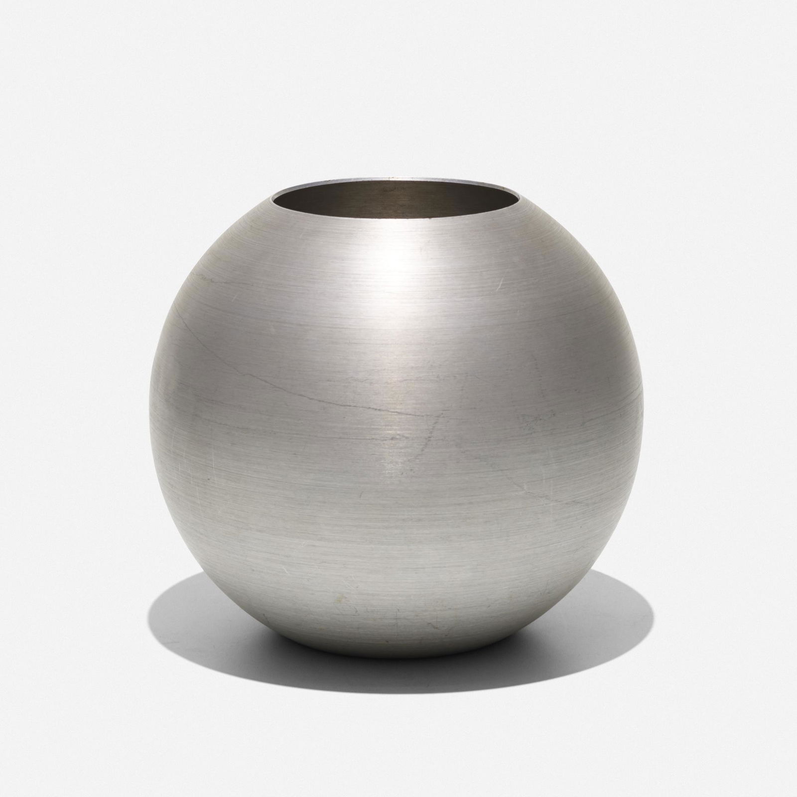 Russel Wright, Large Ball vase: Russel Wright Large Ball vase Wright Accessories/RaymorUSA, c. 1932spun aluminum10 dia × 9 h in (25 × 23 cm) Impressed manufacturer's mark to underside ‘Russel Wright'. <