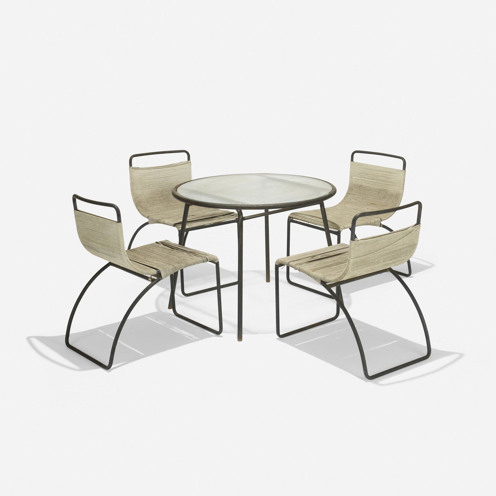 Hendrik Van Keppel and Taylor Green, dining set: Hendrik Van Keppel and Taylor Green dining set VKGUSA, c. 1950enameled steel, glass, cotton cord36 dia × 28 h in (91 × 71 cm) Set includes dining table and four chairs measuring