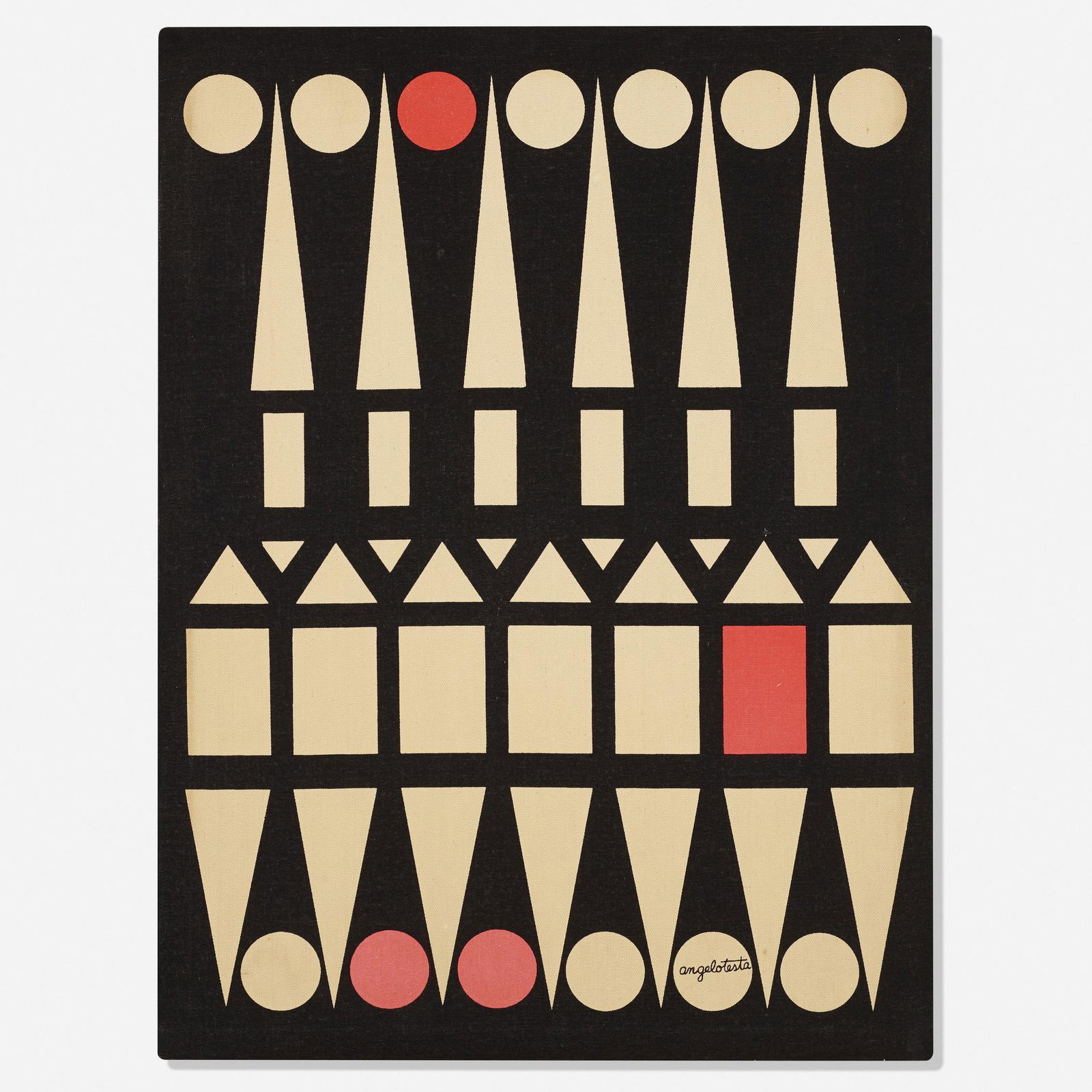 Angelo Testa, Untitled: Angelo Testa Untitled USA, c. 1970screenprinted cotton24 h × 18 w in (61 × 46 cm) Printed signature to lower right 'Angelo Testa'.