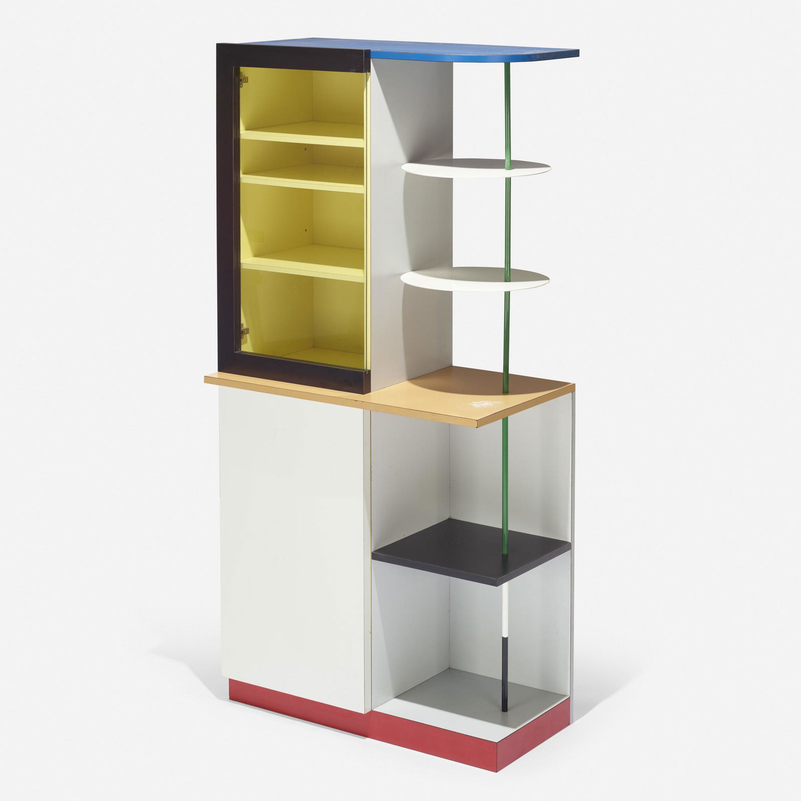 Gerard Taylor, Airport cabinet: Gerard Taylor Airport cabinet MemphisUnited Kingdom / Italy, 1982laminate over wood, enameled steel, glass35.5 w × 19.5 d × 72.75 h in (90 × 50 × 185 cm) Cabinet fea