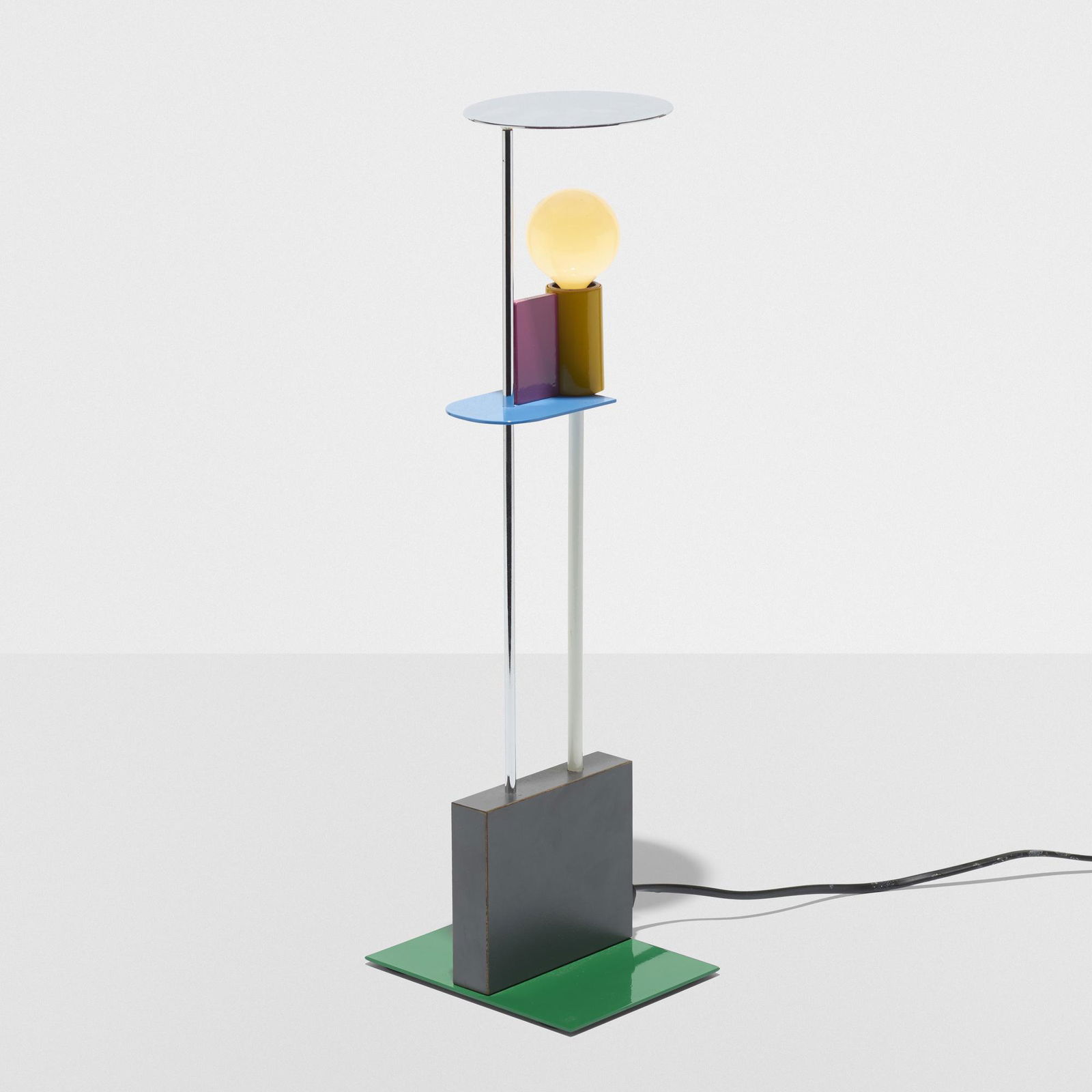 Gerard Taylor, Piccadilly table lamp: Gerard Taylor Piccadilly table lamp MemphisUnited Kingdom / Italy, 1982enameled steel, laminate, stainless steel5.75 w × 6.5 d × 18.5 h in (15 × 17 × 47 cm)