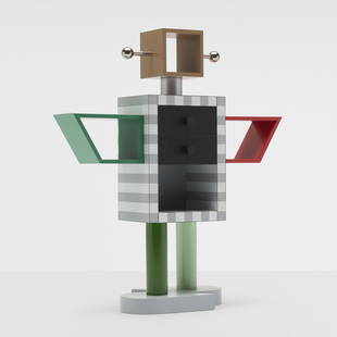 Masanori Umeda, miniature Ginza Robot cabinet: Masanori Umeda miniature Ginza Robot cabinet MemphisJapan / Italy, c. 1986lacquered wood, laminate, aluminum9.75 w &times; 3.5 d &times; 11.5 h in (25 &times; 9 &times; 29 cm) This 1:6 scal