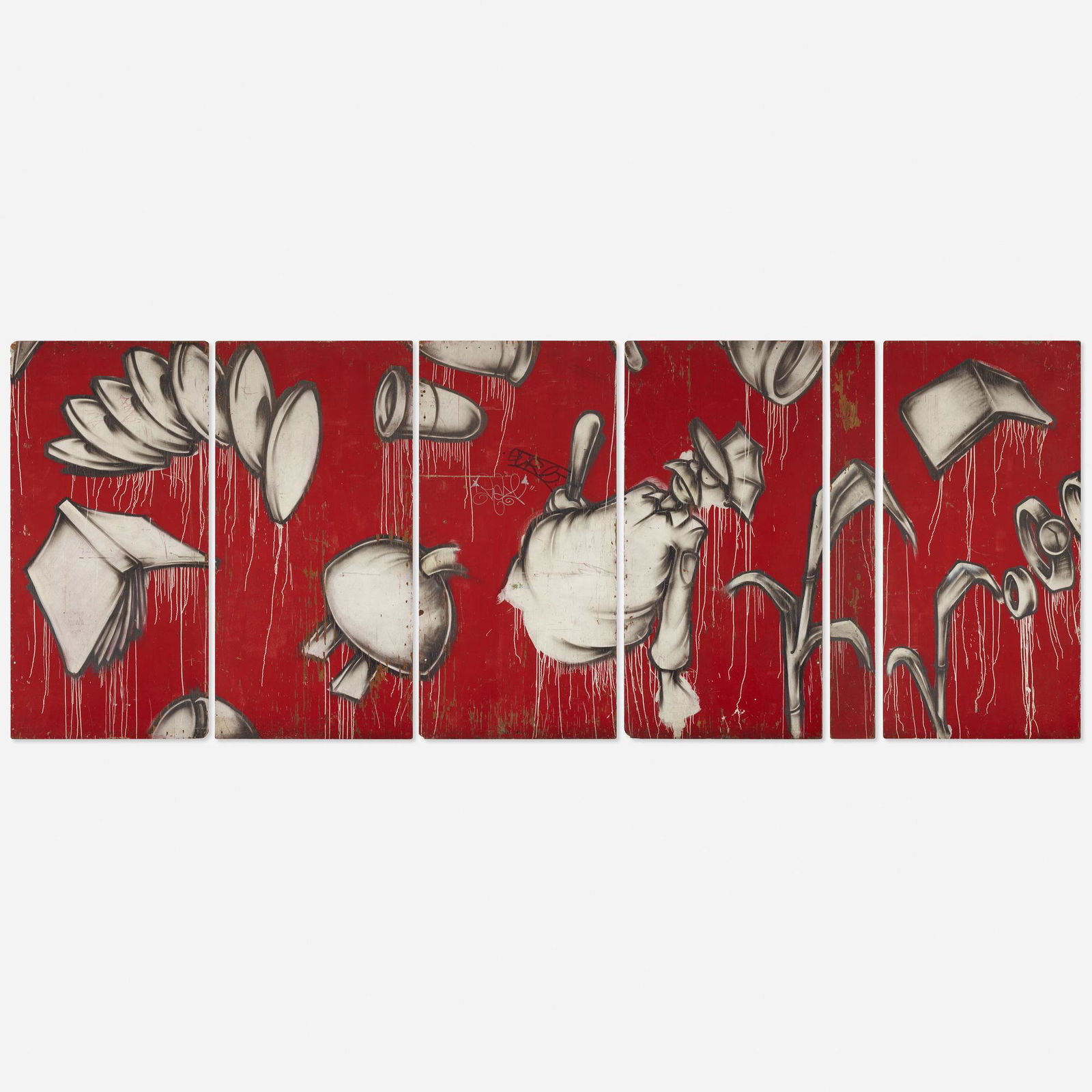 Barry McGee, Untitled: Barry McGee Untitled 1991spray paint on panel96 h × 251.5 w × .75 d in (244 × 639 × 2 cm) These panels were originally part of the construction fence surrounding the Yerba