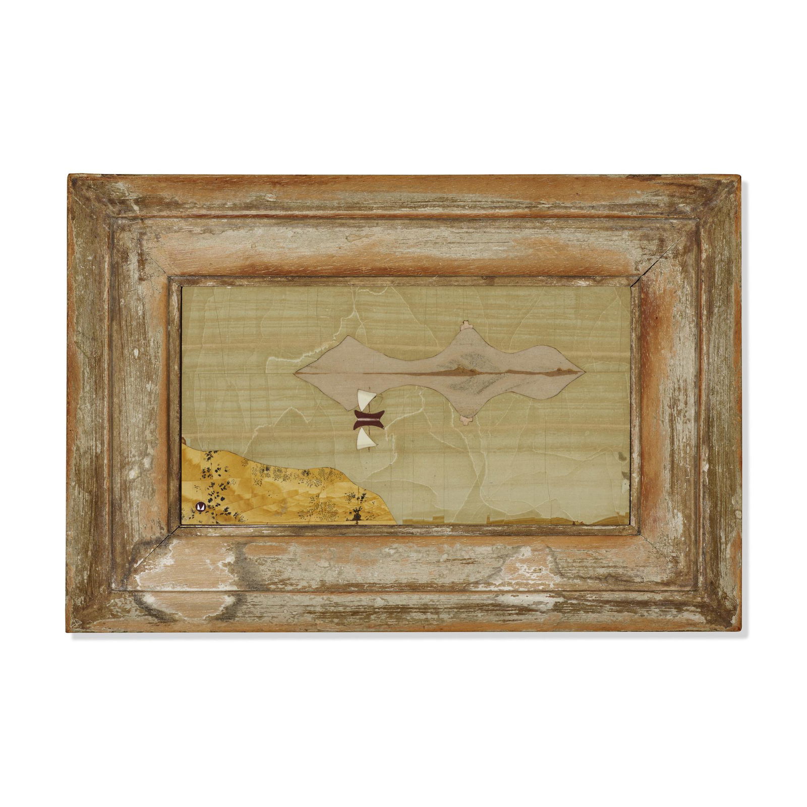 Richard Blow, Untitled (Abstract horizon): Richard Blow Untitled (Abstract horizon) MonticiUSA / Italy, c. 1960hand-cut hardstone inlay in artist's frame5.75 h × 8.5 w × .75 d in (15 × 22 × 2 cm) Stone inlay