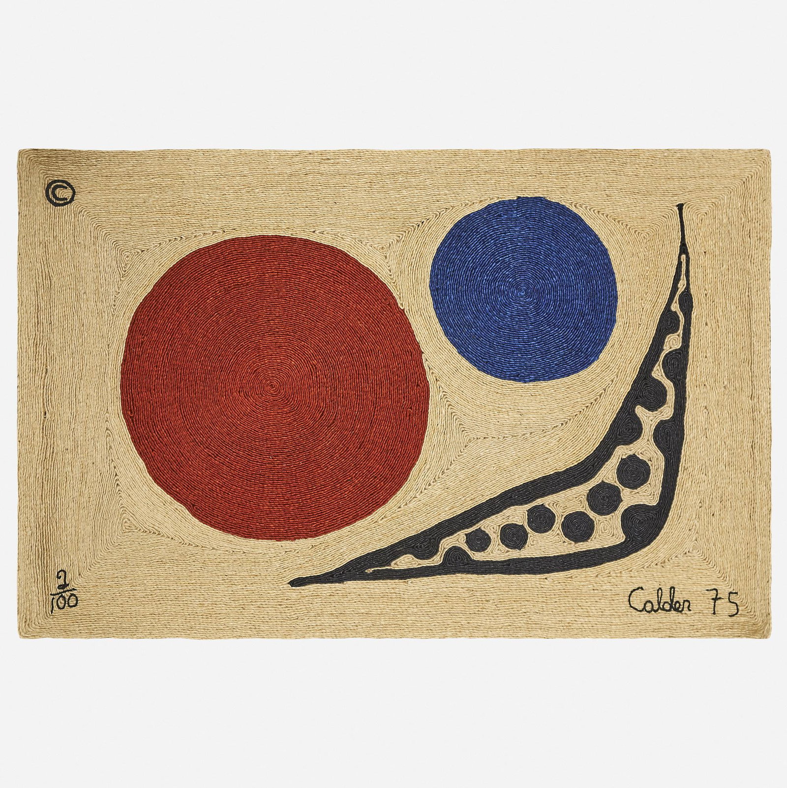 After Alexander Calder, Moon tapestry: After Alexander Calder Moon tapestry CAC Publication/Bon Art USA / Guatemala, 1975 hand-woven maguey fiber 56 h × 85 w in (142 × 216 cm) Woven signature, date and number to lower edge '2/100 C