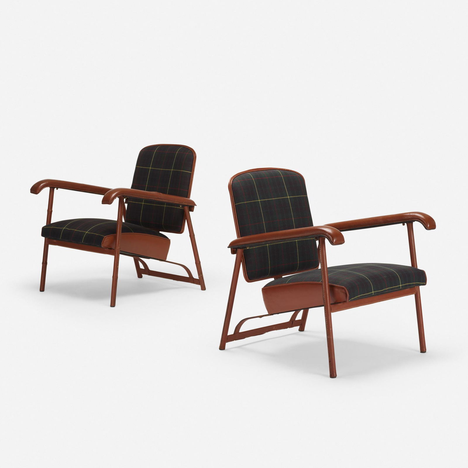 Jacques Adnet, lounge chairs, pair: Jacques Adnet lounge chairs, pair France, c. 1950saddle-stitched leather, upholstery27 w × 26 d × 29.5 h in (69 × 66 × 75 cm)