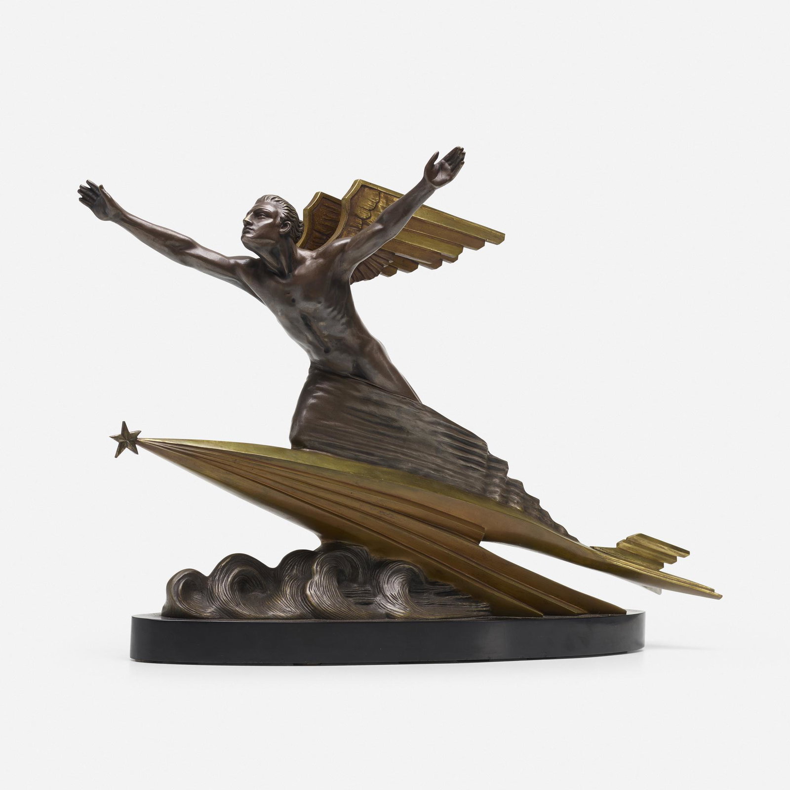 Frederic Focht, L'Aviation: Frederic Focht L'Aviation France, c. 1925cast bronze with applied patina, slate20 h × 30.5 w × 10 d in (51 × 77 × 25 cm) Cast signature to base 'Fred C. Focht'. Impressed