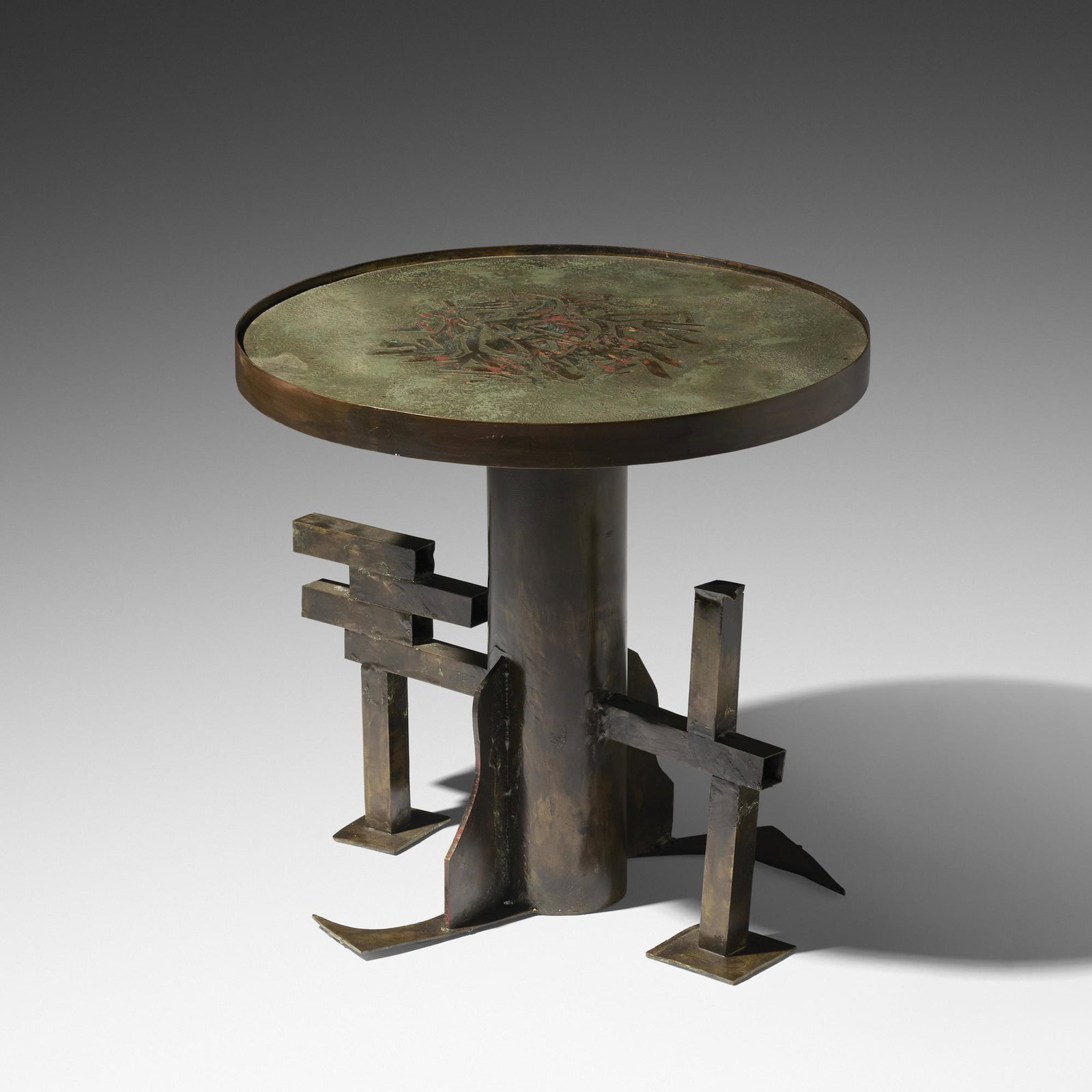 Philip and Kelvin LaVerne, occasional table: Philip and Kelvin LaVerne occasional table USA, c. 1960 acid-etched and enameled brass over wood 18.75 w × 17.75 d × 17 h in (48 × 45 × 43 cm)