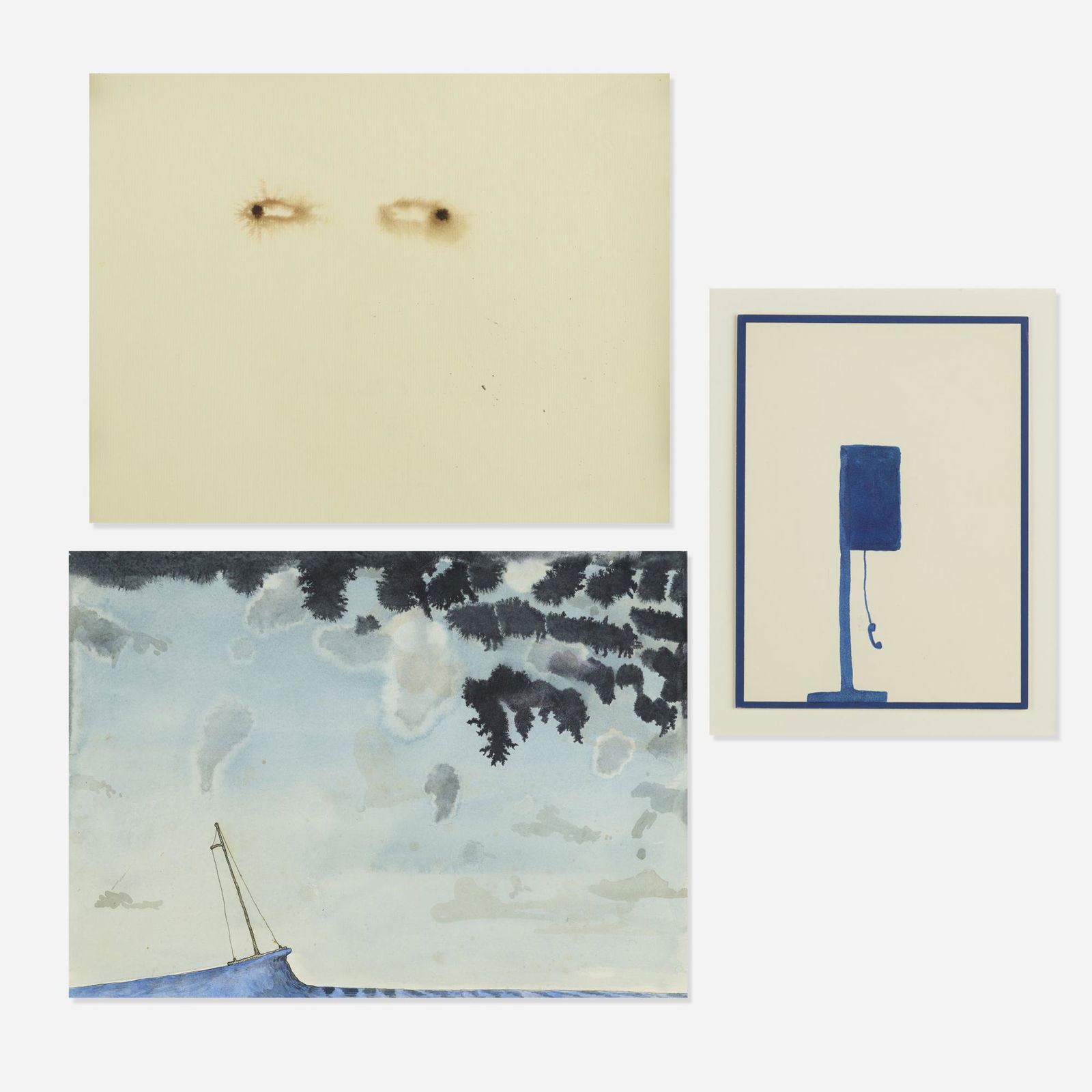 David Scher, collection of three works: David Scher collection of three works 1993, 1995, 1996watercolor and ink on paper10 h × 14 w in (25 × 36 cm) Lot includes Eyes, 1996, Untitled (Telephone), 1993 and B