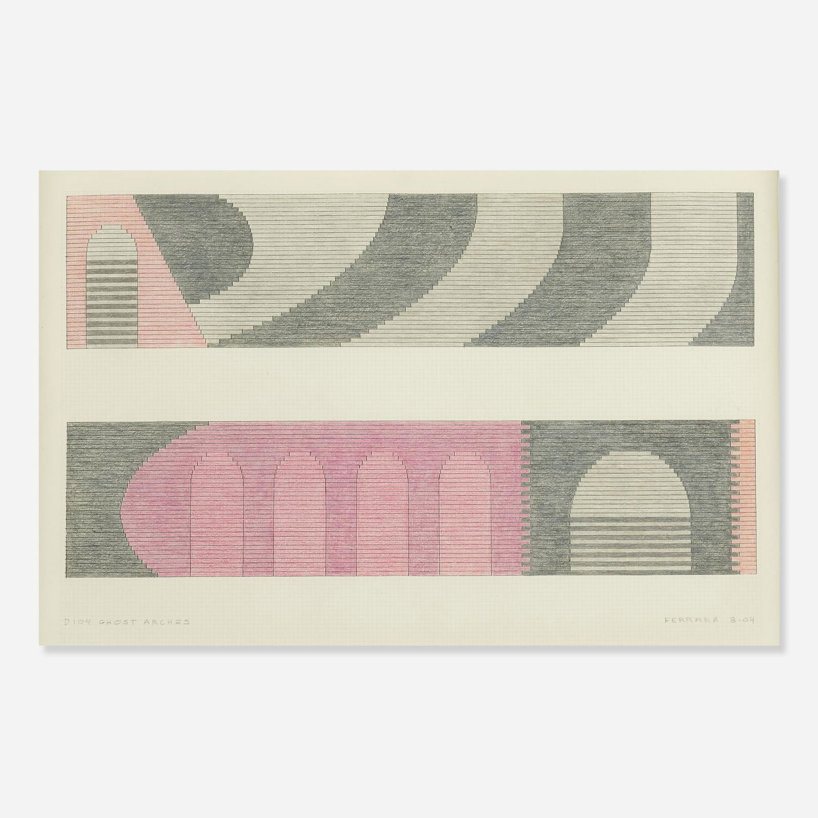 Jackie Ferrara, D104 Ghost Arches: Jackie Ferrara D104 Ghost Arches 2004colored pencil on paper11 h × 17 w in (28 × 43 cm) Signed, titled and dated to lower edge 'D104 Ghost Arches Ferrara 8-04'. Provena