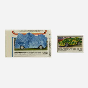 Richard Woods, Two Cars: Richard Woods Two Cars 1995acrylic on newsprint1.75 h × 3 w in (4 × 8 cm) Provenance: Periogi, New York | Collection of Martina Yamin