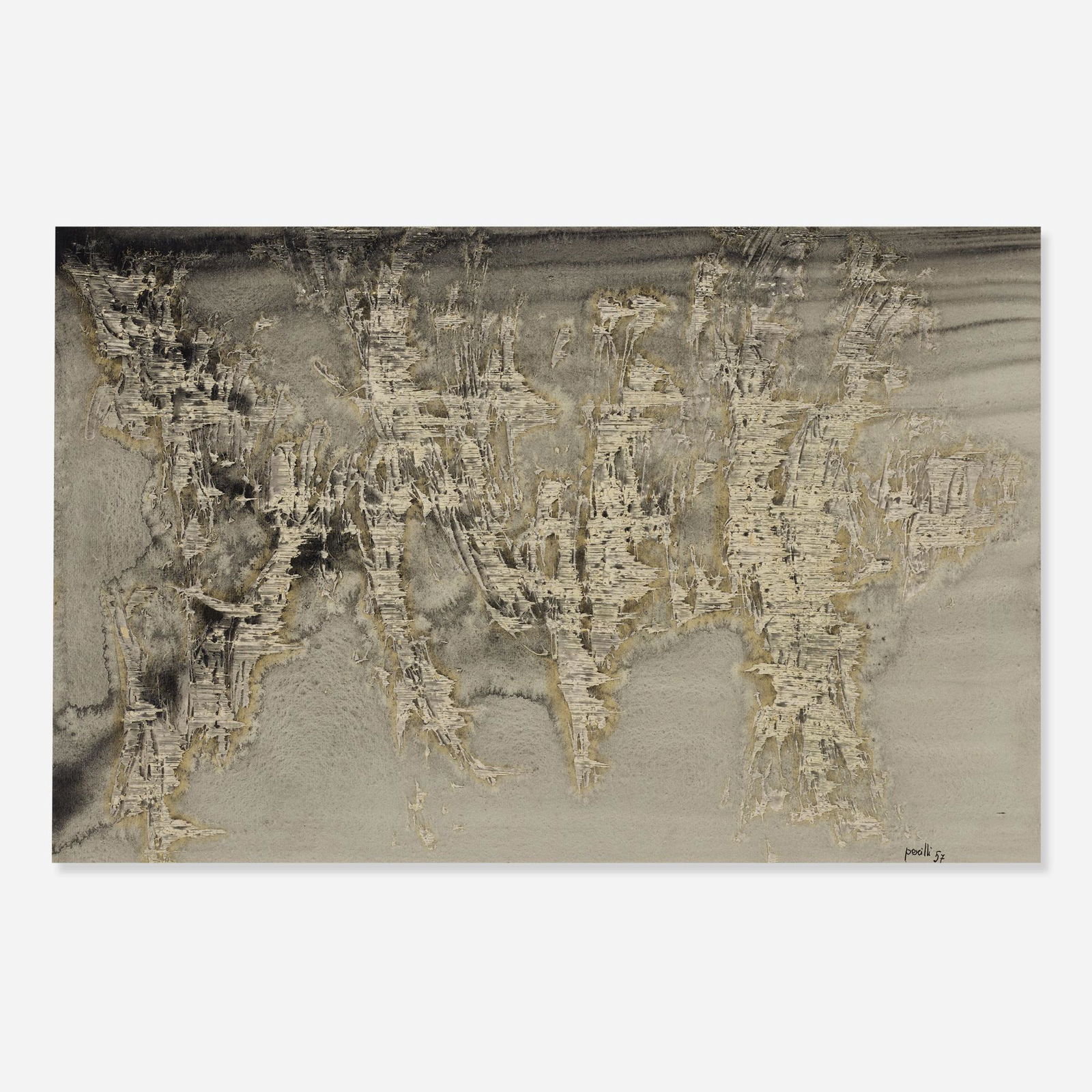 Achille Perilli, L'isola fuera tiempo: Achille Perilli L'isola fuera tiempo (The Island Outside of Time) 1957pencil and tempera on paper20.25 h × 27 w in (51 × 69 cm) Signed and dated to lower right 'Perilli 57'.