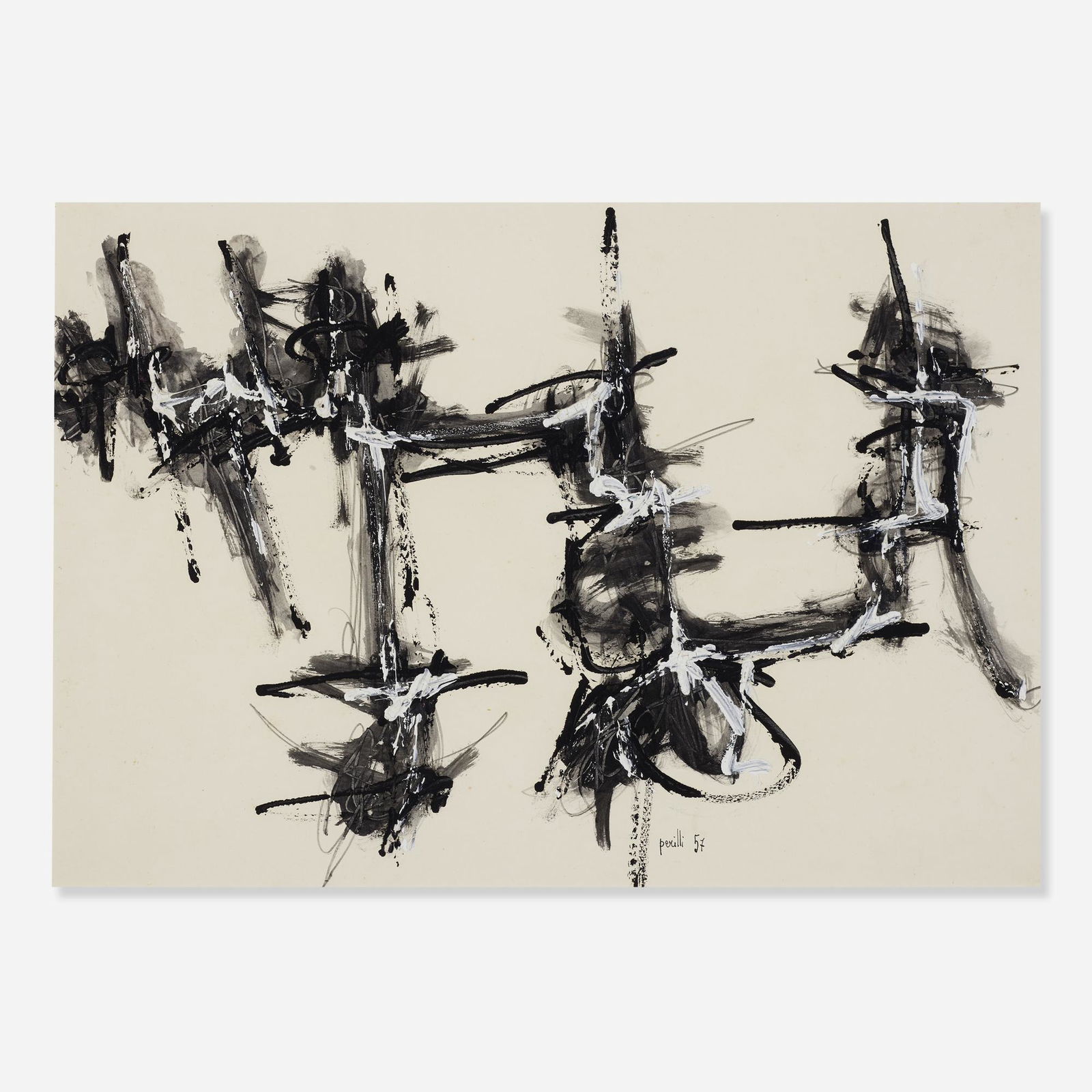 Achille Perilli, Untitled: Achille Perilli Untitled 1957ink, tempera and pencil on paper20.5 h × 26 w in (52 × 66 cm) Signed and dated to lower edge 'Perilli 57'.