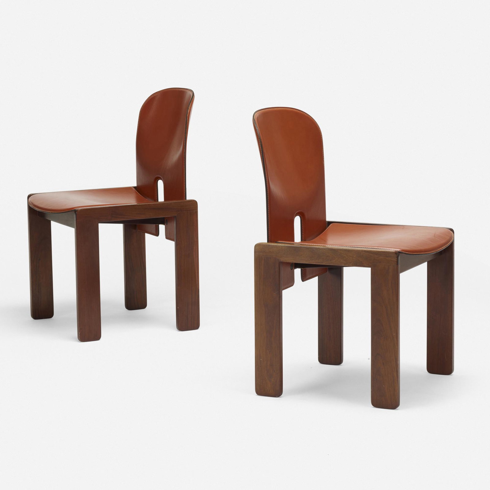 Afra and Tobia Scarpa, chairs model 121, pair: Afra and Tobia Scarpa chairs model 121, pair Cassina Italy, 1965 leather, rosewood 18.75 w × 22 d × 31.75 h in (48 × 56 × 81 cm) Decal manufacturer's label to underside