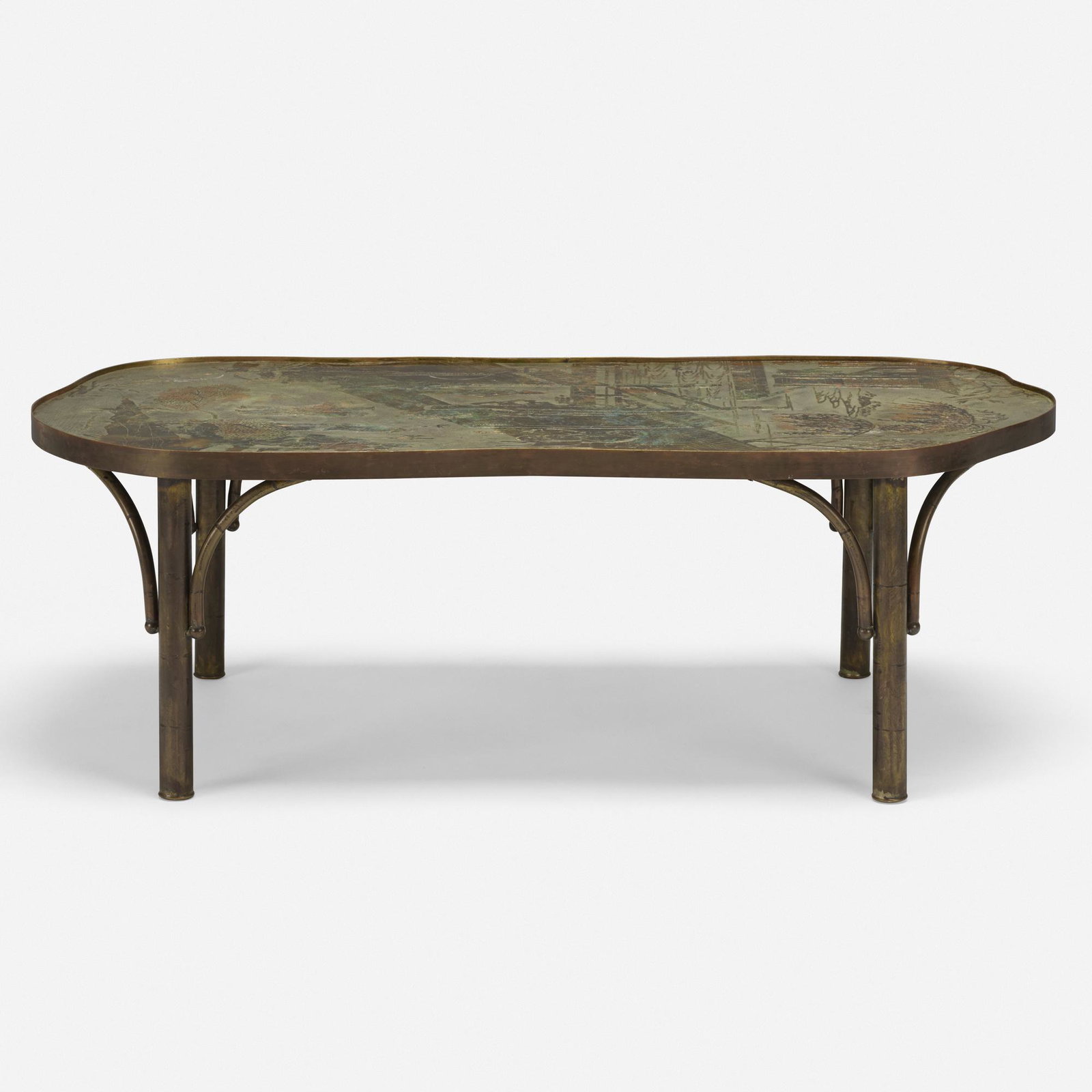 Philip and Kelvin LaVerne, Chan table, model no.140: Philip and Kelvin LaVerne Chan table, model no.140 USA, c. 1965 acid-etched and enameled patinated brass over pewter and wood 47.5 w × 23.5 d × 16 h in (121 × 60 × 41 cm) Ac