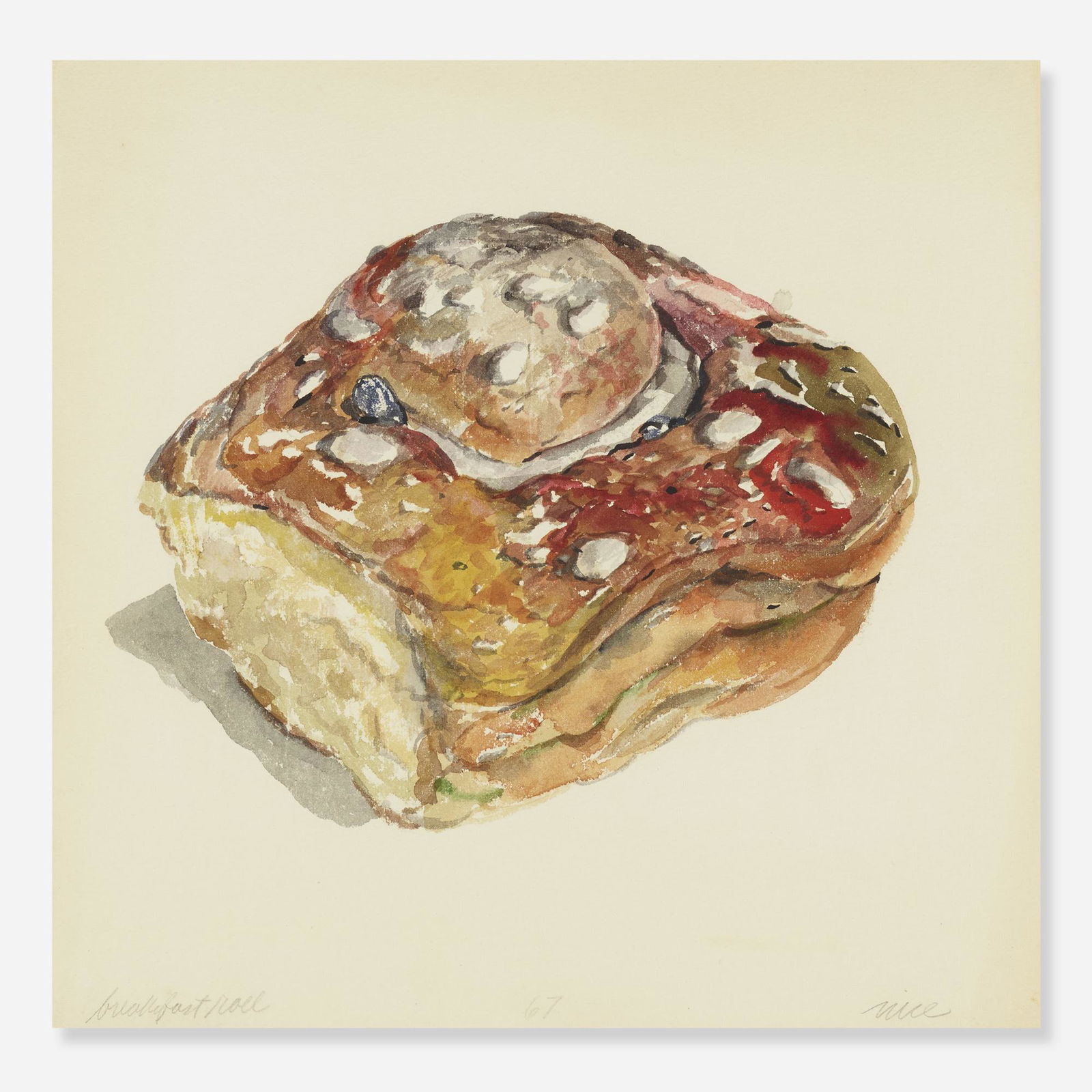 Don Nice, Breakfast Roll: Don Nice Breakfast Roll 1967watercolor on paper12.25 h × 12.5 w in (31 × 32 cm) Signed, titled and dated to lower edge 'Breakfast Roll 67 Nice'. Provenance: Ac