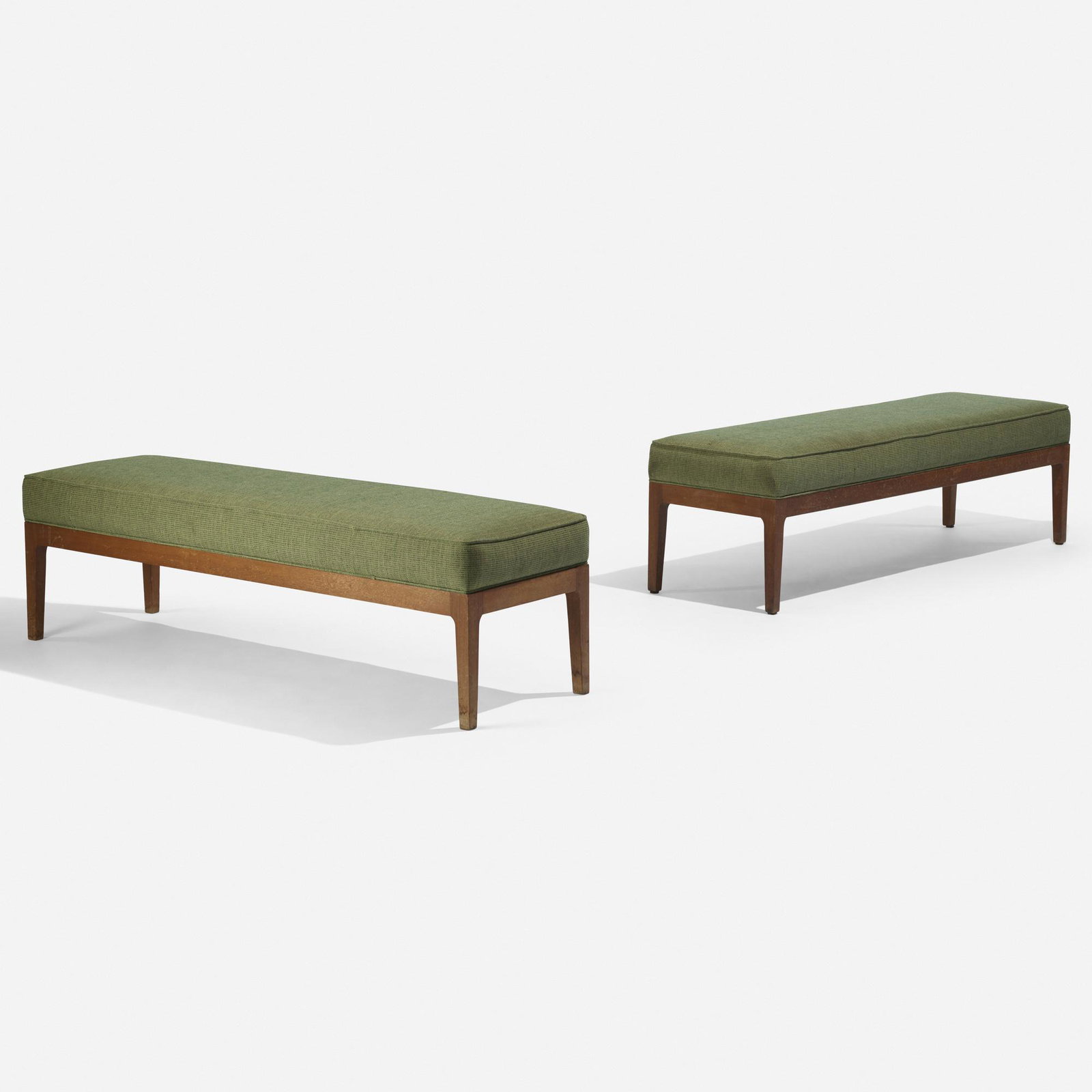 Danish, benches, pair: Danish benches, pair c. 1950 walnut, upholstery 60 w × 19 d × 17 h in (152 × 48 × 43 cm) Provenance: Collection of Michael and Gabrielle Boyd