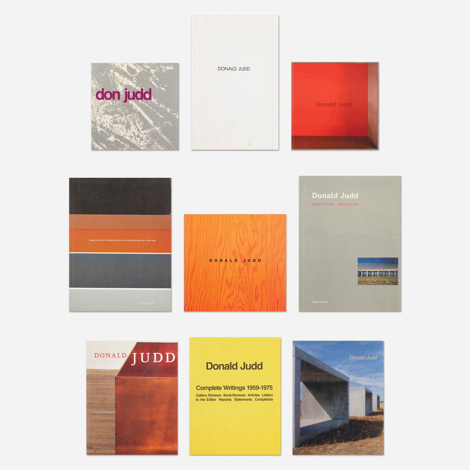 Donald Judd monographs, nine: Donald Judd monographs, nine Provenance: Collection of Michael and Gabrielle Boyd Complete Lot Details Donald Judd Donald Judd, Margo Leavin Gallery, LA, 1989. 24 pages, Softc