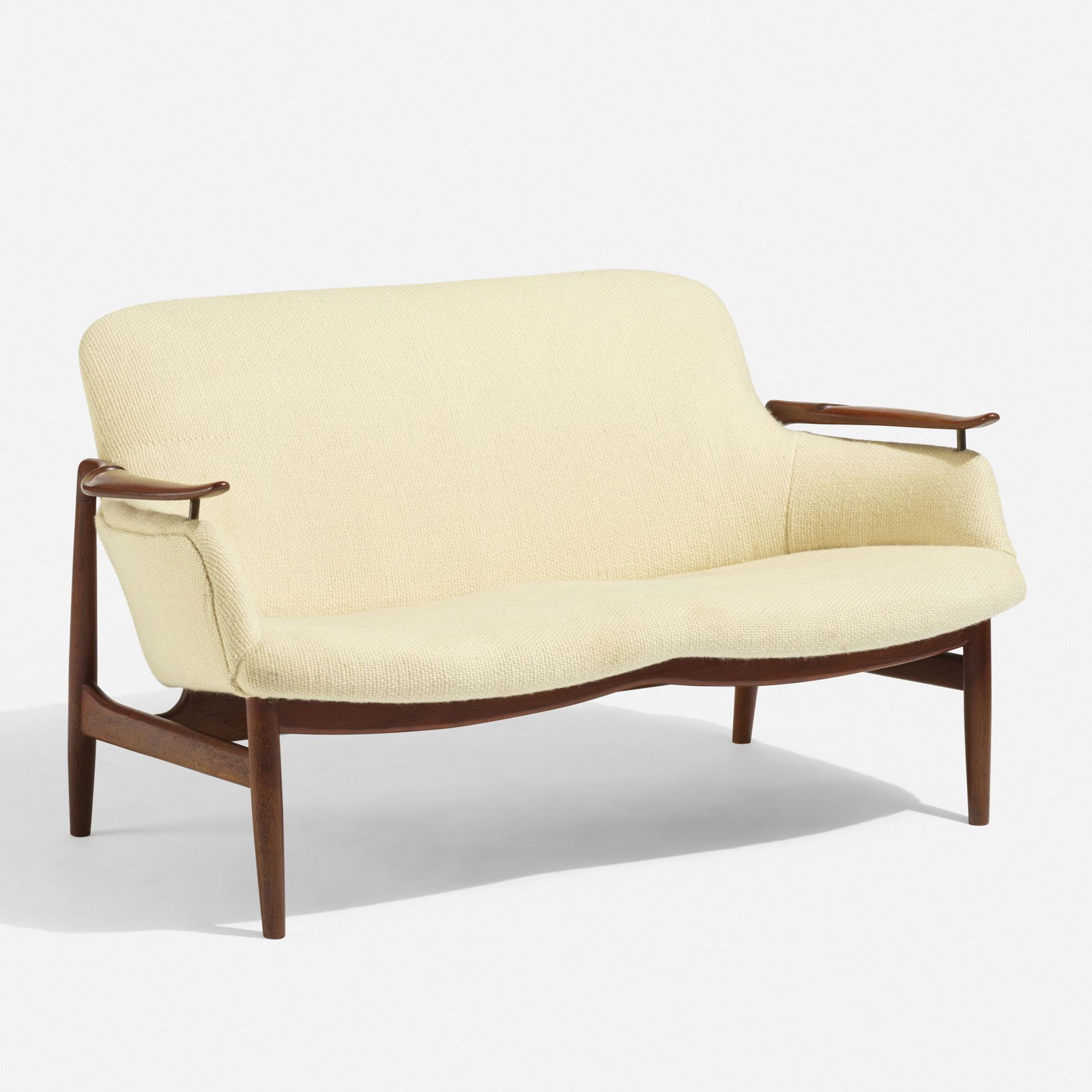 Finn Juhl, settee, model NV-53: Finn Juhl settee, model NV-53 Niels VodderDenmark, 1953teak, upholstery, brass50.75 w × 31 d × 28.5 h in (129 × 79 × 72 cm) Branded manufacturer's mark to underside
