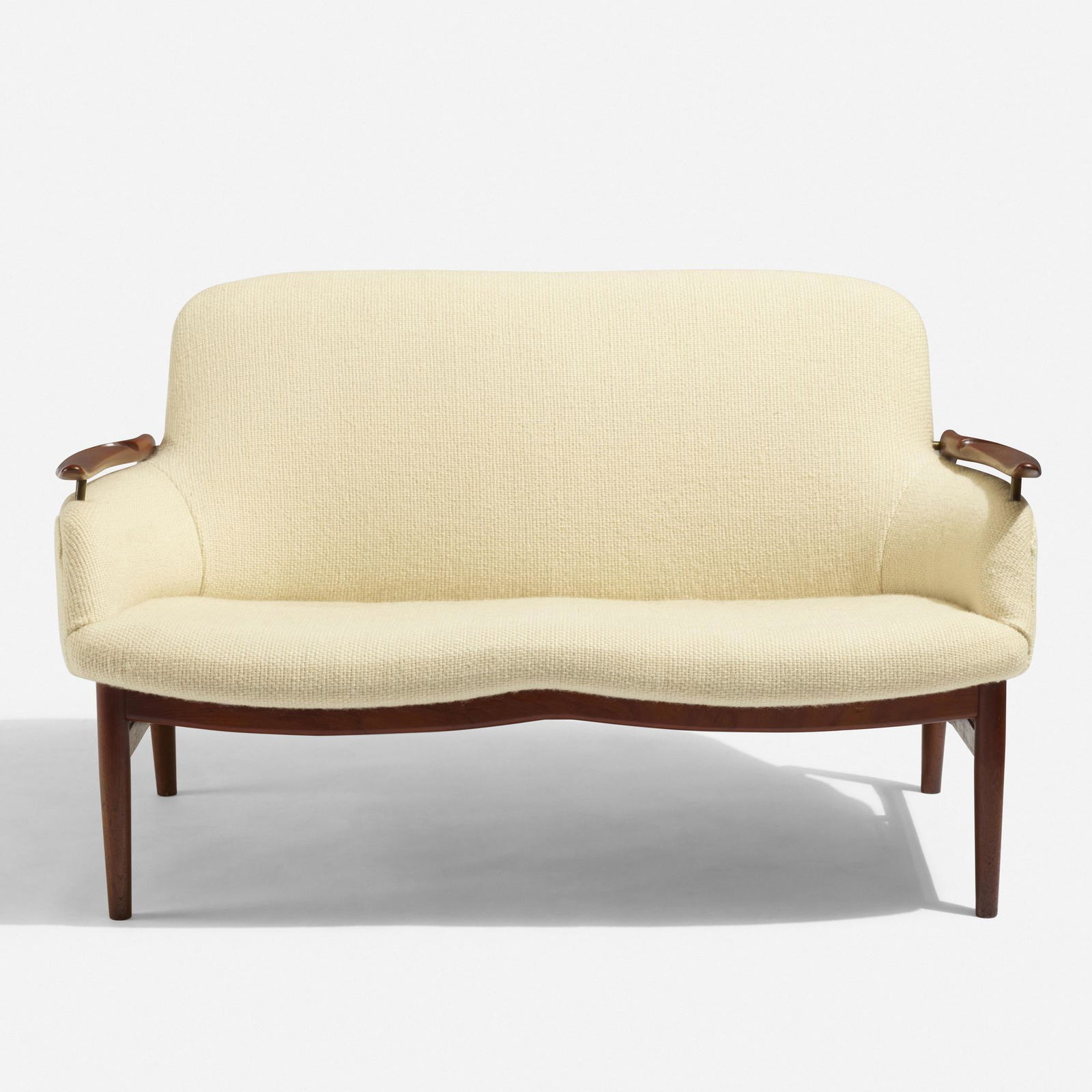 Finn Juhl, settee, model NV-53: Finn Juhl settee, model NV-53 Niels VodderDenmark, 1953teak, upholstery, brass50.75 w × 30 d × 29.25 h in (129 × 76 × 74 cm) Branded manufacturer's mark to underside