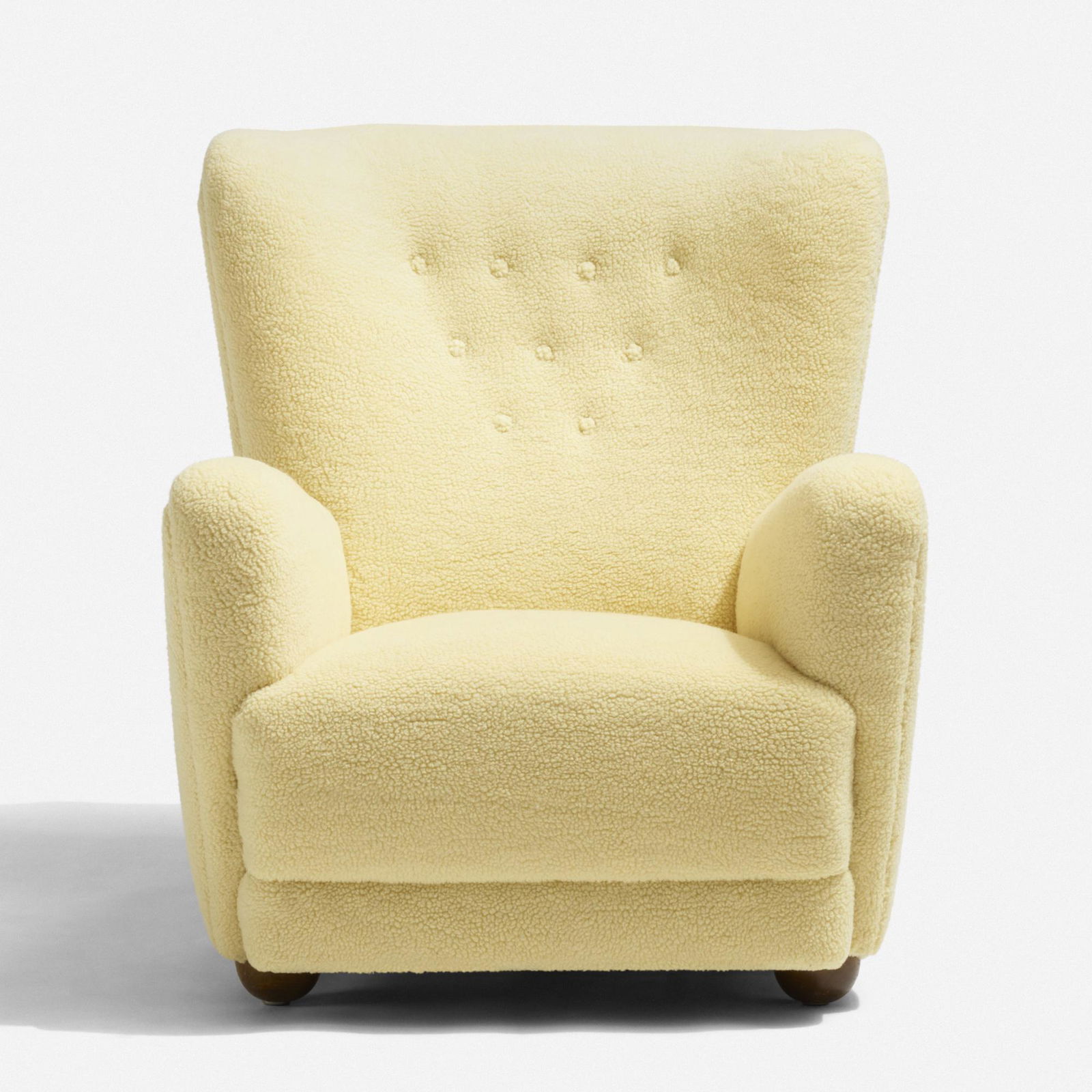 Flemming Lassen, attribution, lounge chair: Flemming Lassen, attribution lounge chair Denmark, c. 1940faux sheepskin, beech31 w × 36 d × 36 h in (79 × 91 × 91 cm)