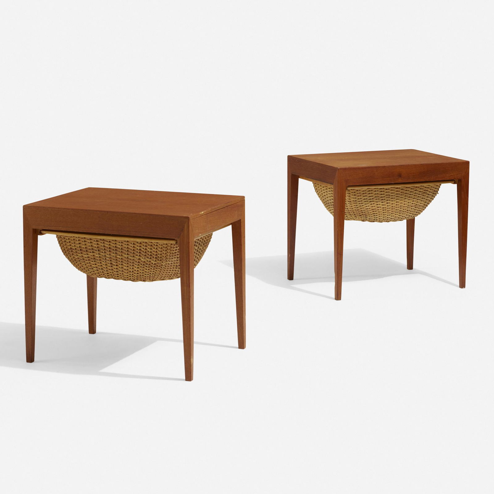 Severin Hansen Jr., sewing tables, pair: Severin Hansen Jr. sewing tables, pair Haslev Mobelsnedkeri A/SDenmark, c. 1965teak, rattan17 w × 23 d × 20.25 h in (43 × 58 × 51 cm) Each table features one drawer