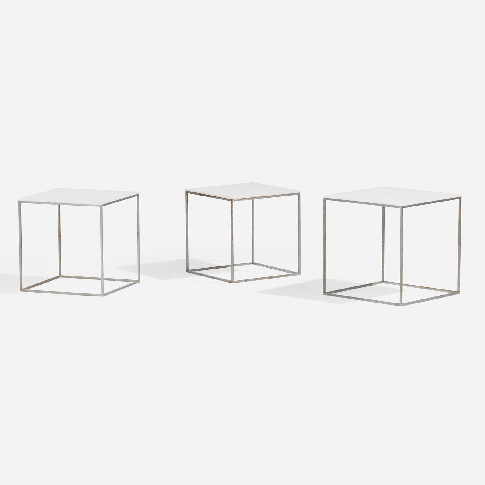 Poul Kjaerholm, PK 71 nesting tables, set of three: Poul Kjaerholm PK 71 nesting tables, set of three E. Kold Christensen Denmark, 1957 matte chrome-plated steel, acrylic 11 w × 11 d × 11.25 h in (28 × 28 × 29 cm) Stampe