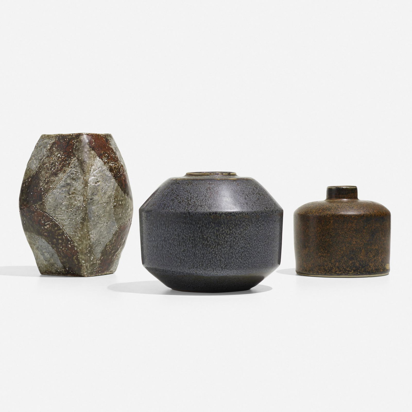 Carl-Harry Stalhane, collection of three vessels: Carl-Harry Stalhane collection of three vessels RorstrandSweden, c. 1950glazed stoneware6 dia × 7.5 h in (15 × 19 cm) Each vessel is unique. Decal manufacturer's label to
