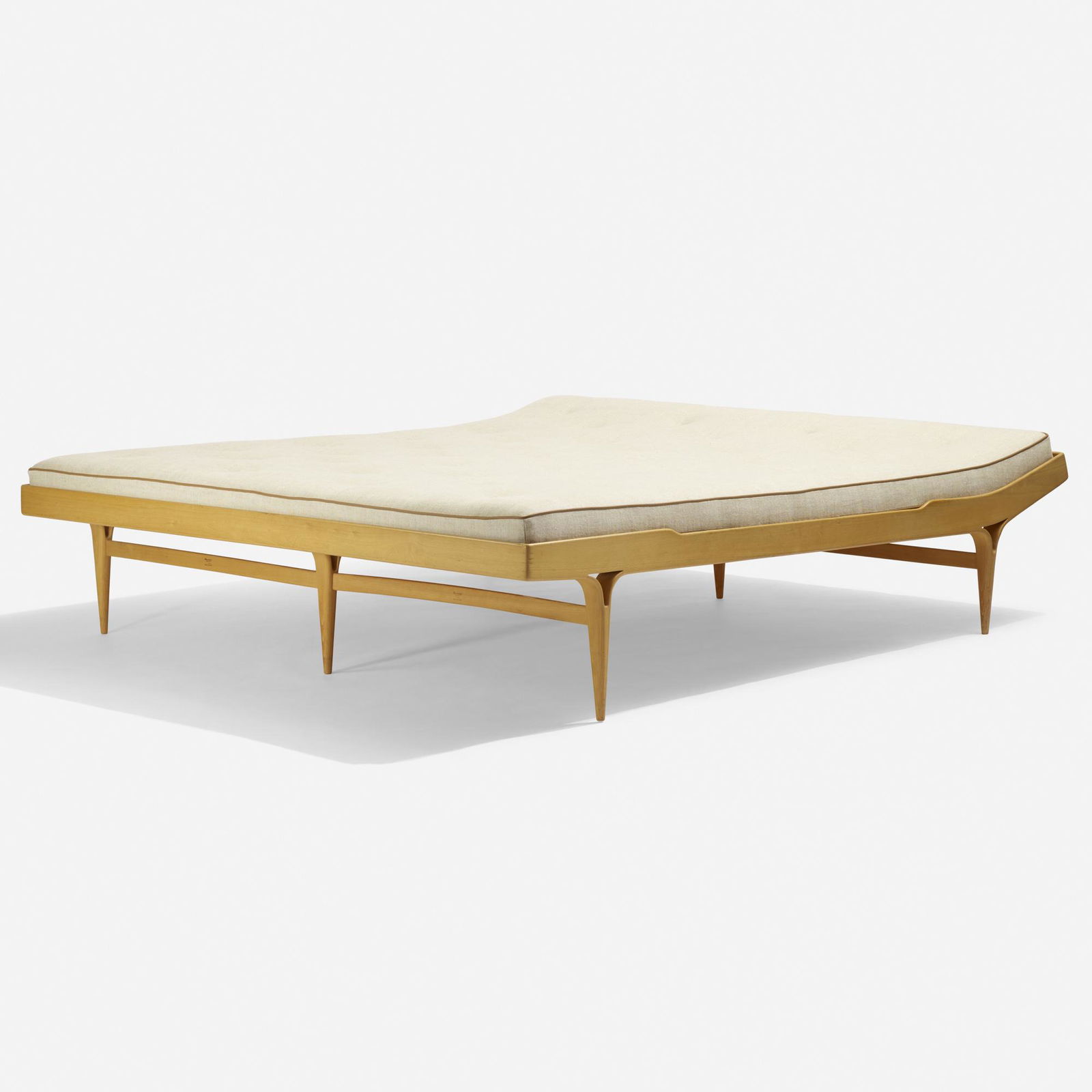 Bruno Mathsson, Berlin daybed: Bruno Mathsson Berlin daybed Firma Karl MathssonSweden, 1950beech, upholstery, leather77.5 w × 79 d × 18 h in (197 × 201 × 46 cm) Signed with branded manufacturer's