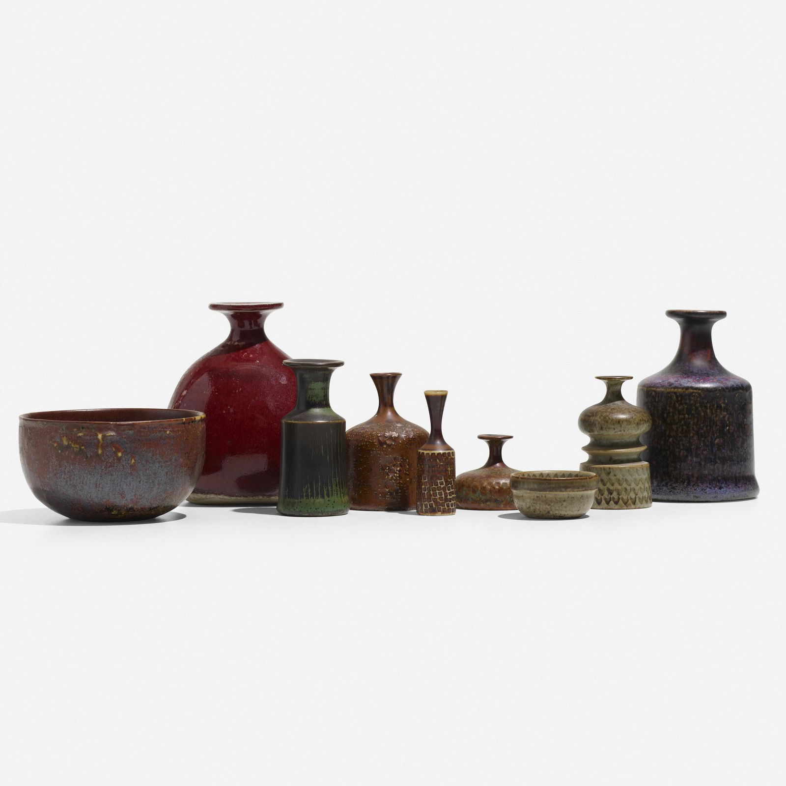 Stig Lindberg, collection of nine minitaure vases: Stig Lindberg collection of nine minitaure vases GustavsbergSweden, c. 1965glazed stoneware2.75 w × 2.25 d × 3.25 h in (7 × 6 × 8 cm) Decal studio label to underside
