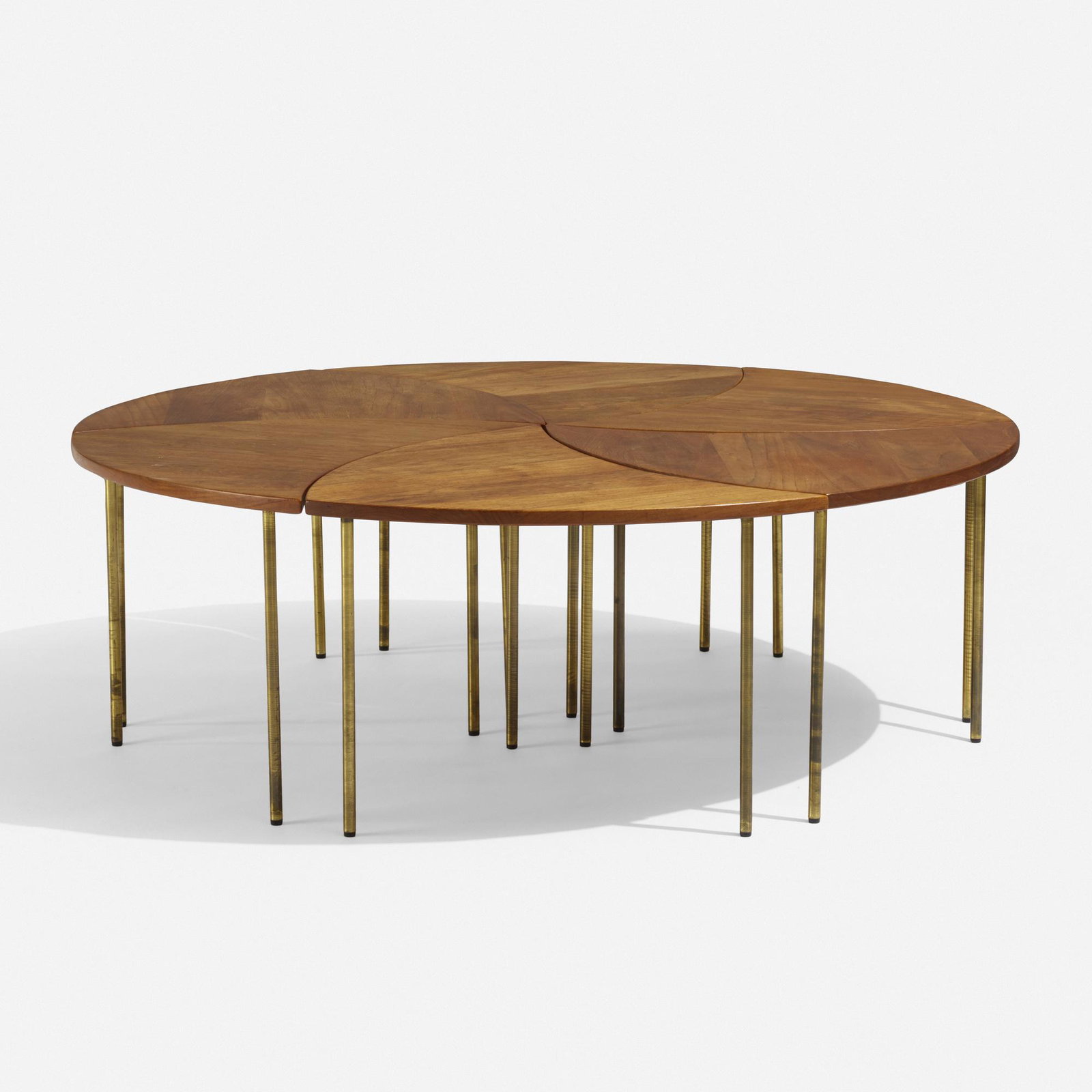 Peter Hvidt, tables model 523, set of six: Peter Hvidt tables model 523, set of six France & Son Denmark, 1952 teak, brass, rubber 25.75 w × 21.5 d in (65 × 55 cm) Metal disc manufacturer's label to underside of each exampl