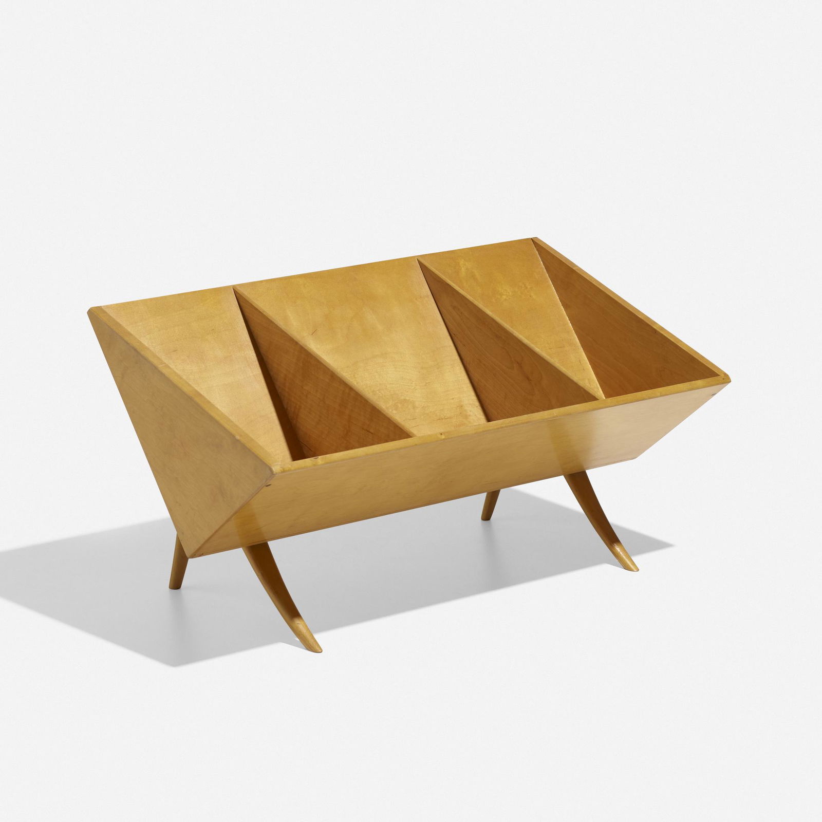 Bruno Mathsson, book crib: Bruno Mathsson book crib Firma Karl MathssonSweden, 1941birch, birch plywood19.75 w × 10.5 d × 10 h in (50 × 27 × 25 cm) Signed with branded manufacturer's mark to u