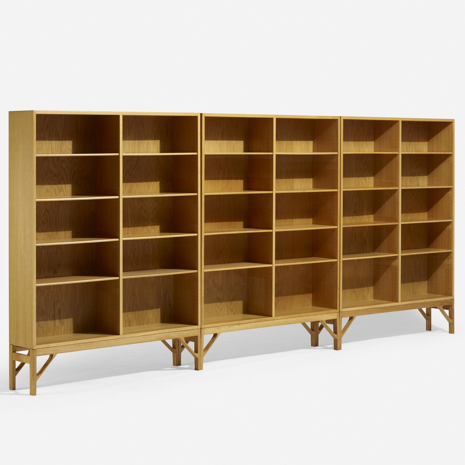 Borge Mogensen, bookcases, set of three: Borge Mogensen bookcases, set of three C.M. Madsens Fabrikker with Fredericia Denmark, c. 1945 / c. 1960 oak 48 w × 10.25 d × 65.5oak h in (122 × 26 × 166 cm) Each book
