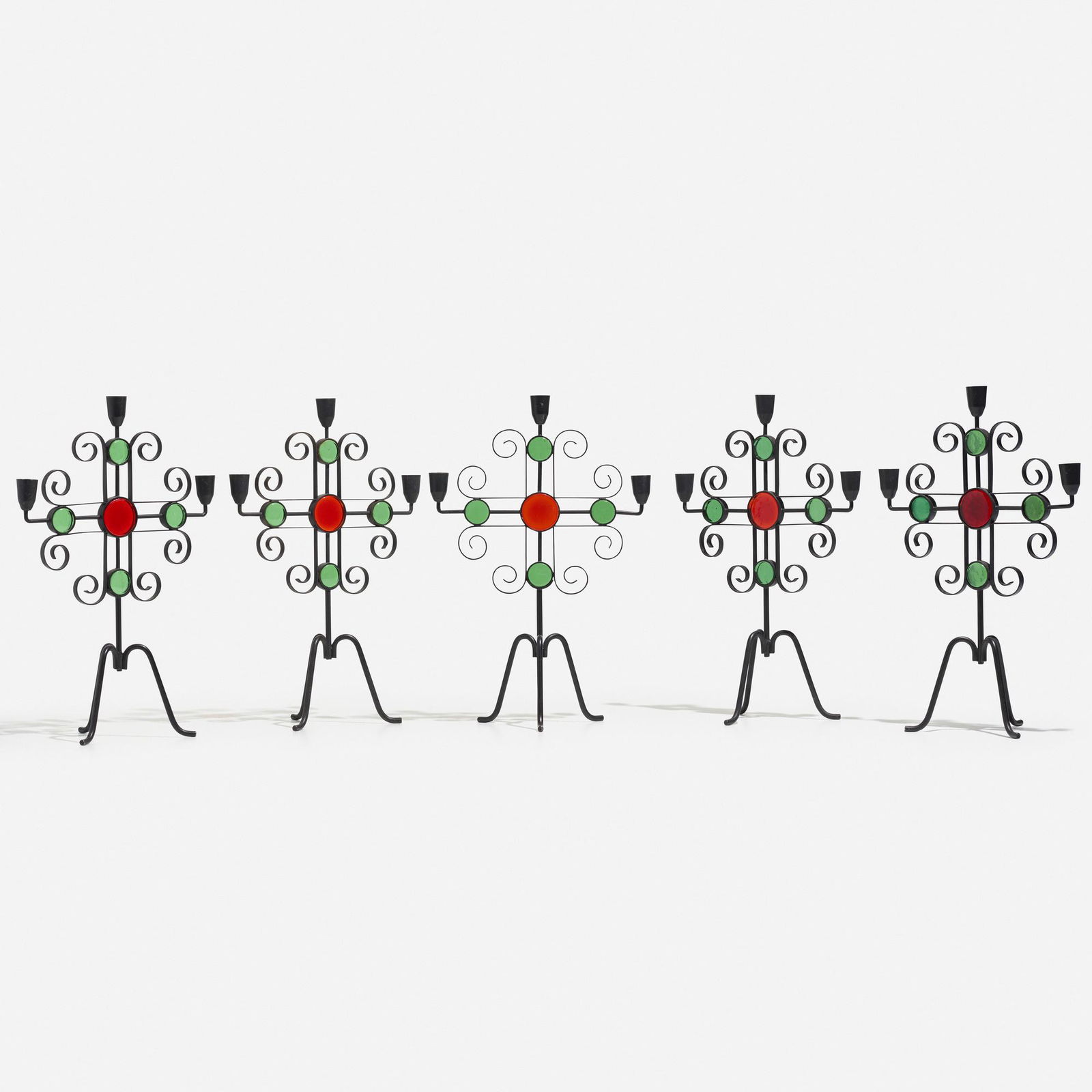 Gunnar Ander, candelabra, set of five: Gunnar Ander candelabra, set of five Ystad-MetallSweden, c. 1960enameled steel, glass10.5 w × 5.5 d × 15.5 h in (27 × 14 × 39 cm)