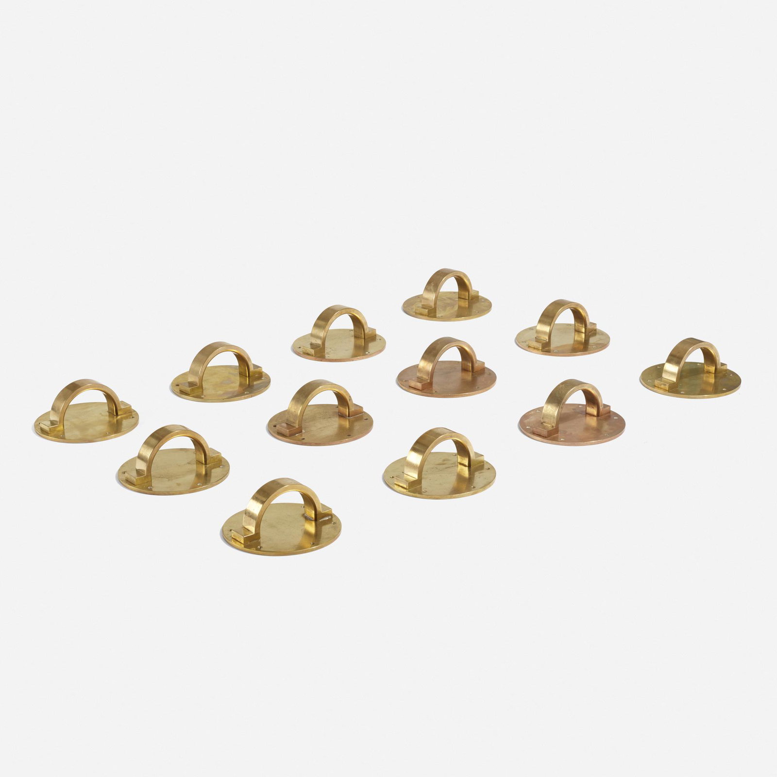 Scandinavian, door pulls, set of twelve: Scandinavian door pulls from Radisson Blu Fredensborg Hotel, set of twelve c. 1950 brass 8.5 dia × 3.75 d in (22 × 10 cm) Provenance: Radisson Blu Fredensborg Hotel, Bo