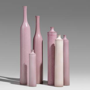 Jacques and Dani Ruelland, collection of six vases: Jacques and Dani Ruelland collection of six vases France, c. 1960glazed stoneware2.75 dia × 17.25 h in (7 × 44 cm) Incised signature to underside of each example 'Ruelland'.