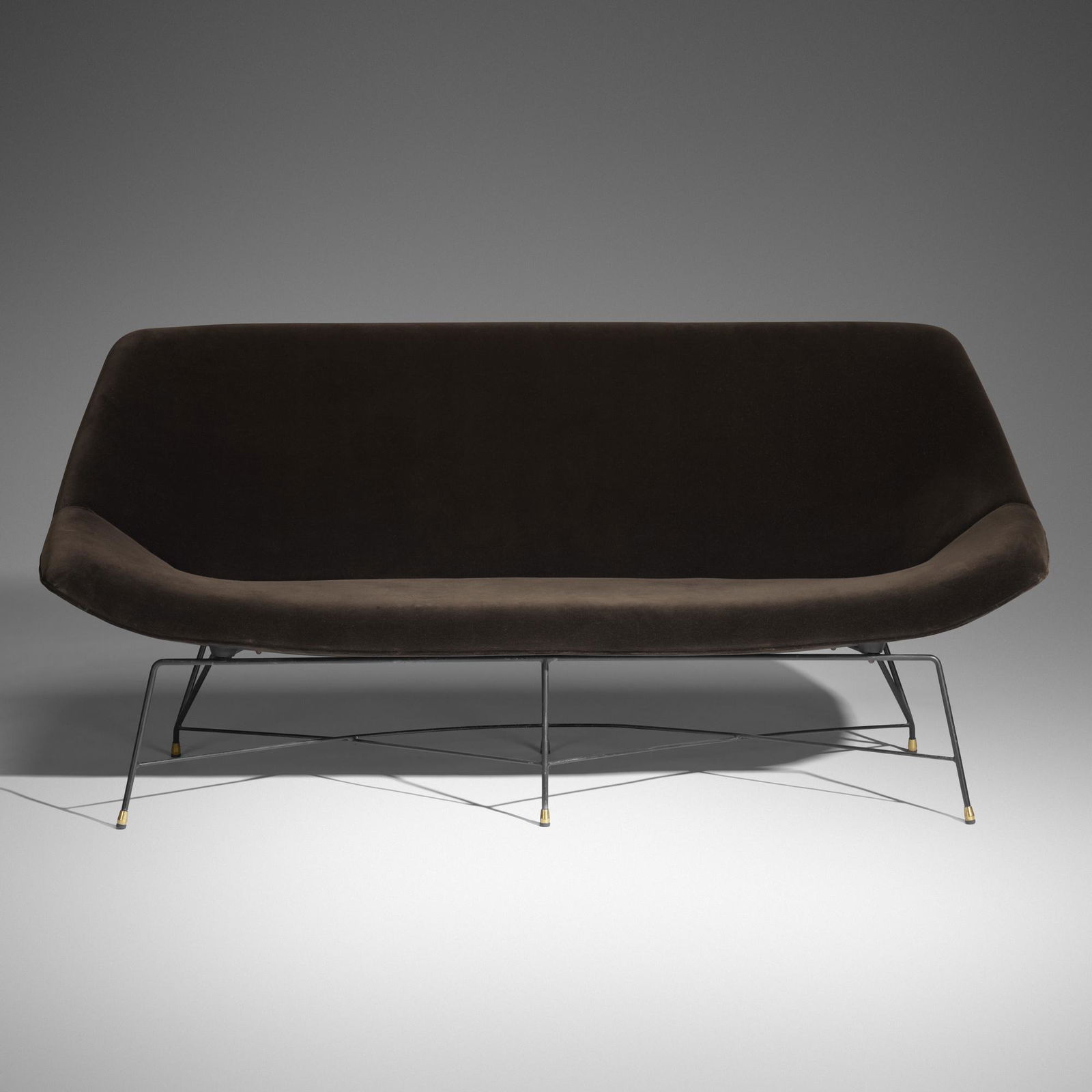 Augusto Bozzi, Kosmos sofa: Augusto Bozzi Kosmos sofa SaporitiItaly, 1954upholstery, enameled steel, brass, rubber75 w × 26 d × 34 h in (190 × 66 × 86 cm) Decal manufacturer's labels to frame '