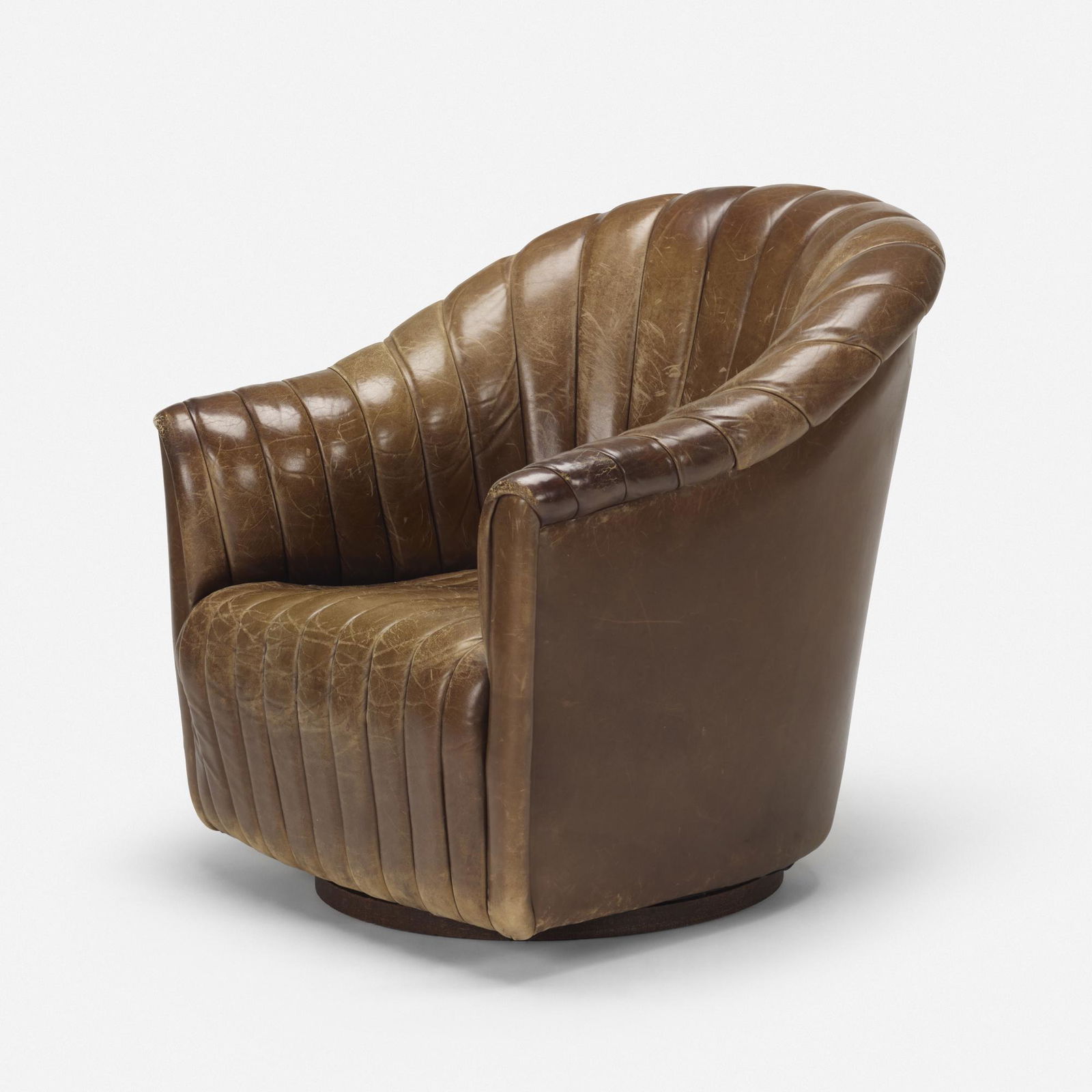 Ward Bennett, Swivel lounge chair: Ward Bennett Swivel lounge chair Brickel AssociatesUSA, c. 1970leather32 h × 32 w × 33 d in (81 × 81 × 84 cm) Applied metal label to underside 'Ward Bennett Designs