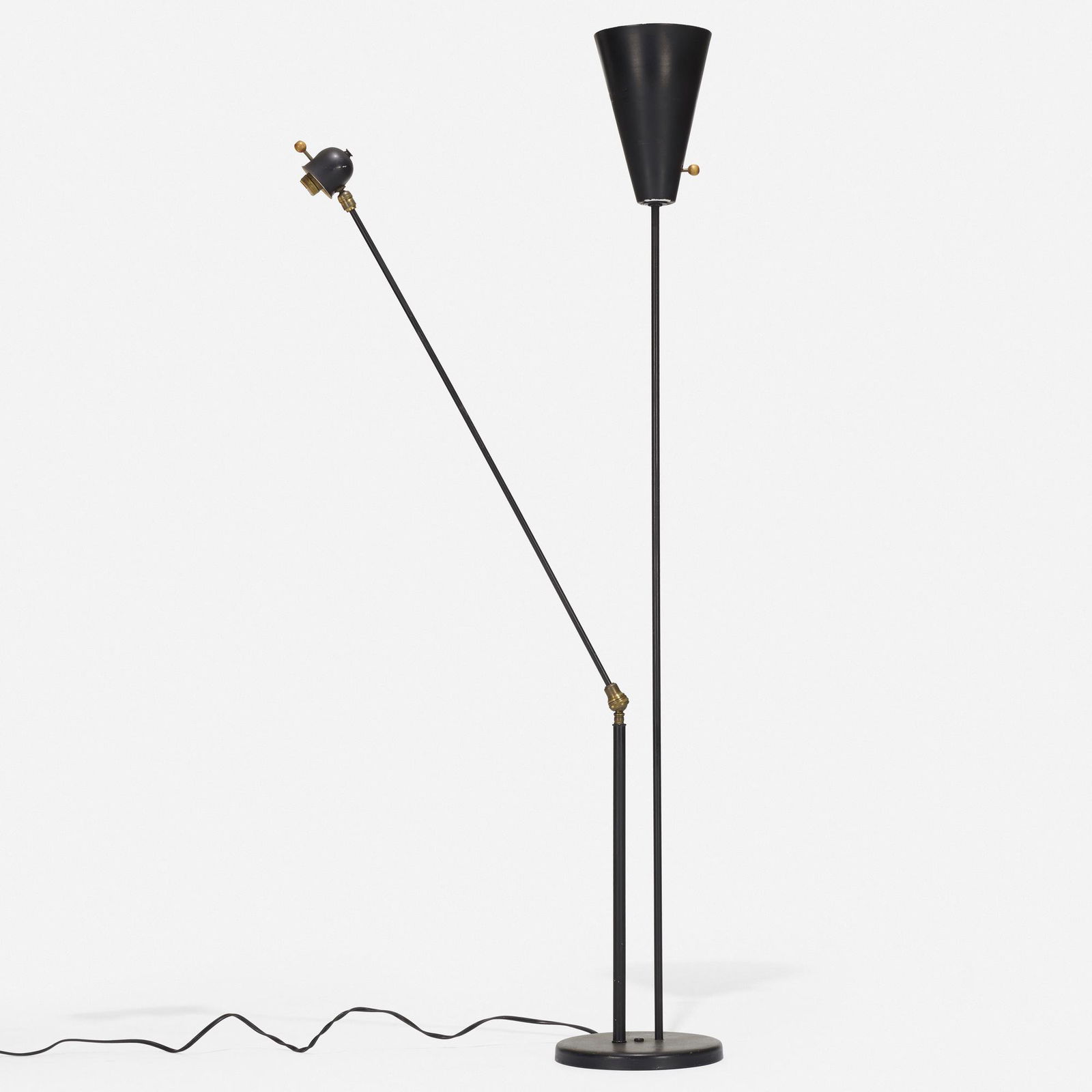 David Wurster, floor lamp: David Wurster floor lamp RaymorUSA, c. 1952enameled steel, enameled aluminum, birch, brass60 h × 30 w × 10 d in (152 × 76 × 25 cm) One stem has a ball and socket joi