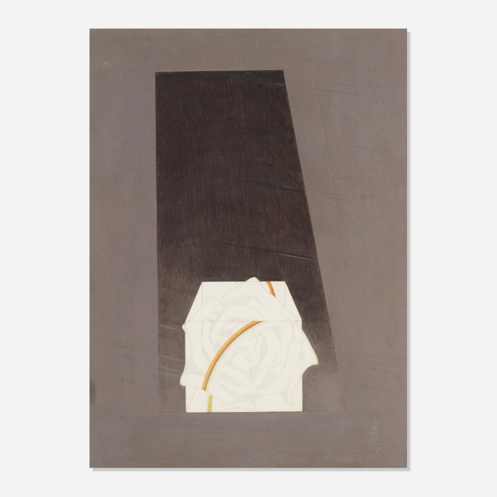 Michelle Stuart, Untitled: Michelle Stuart Untitled c. 1975graphite and colored pencil on paper with linear and numerical impressions15.25 h × 11.5 w in (39 × 29 cm) Signed to lower right 'M. Stuart'.