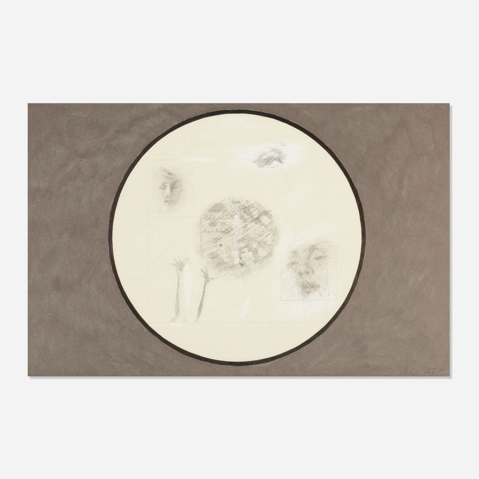 Michelle Stuart, Untitled: Michelle Stuart Untitled c. 1975graphite and colored pencil on paper with linear and numerical impressions12.75 h × 19.75 w in (32 × 50 cm) Signed to lower right 'Michelle Stuart'.