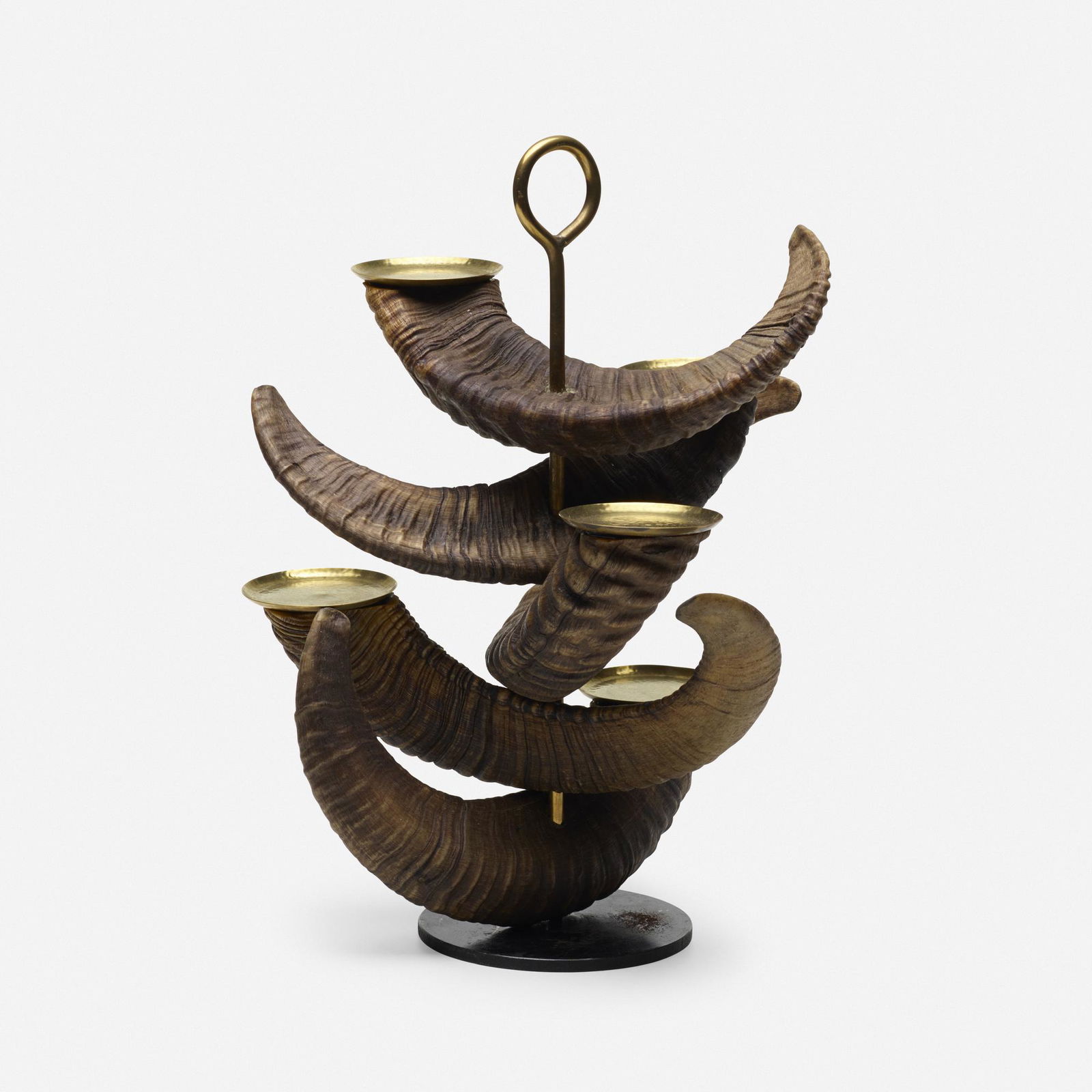 Carl Aubock II, candelabrum: Carl Aubock II candelabrum Austria, 1961horn, brass, enameled steel17 h × 12 dia in (43 × 30 cm) Impressed manufacturer's mark to handle 'Aubock'. Literature: