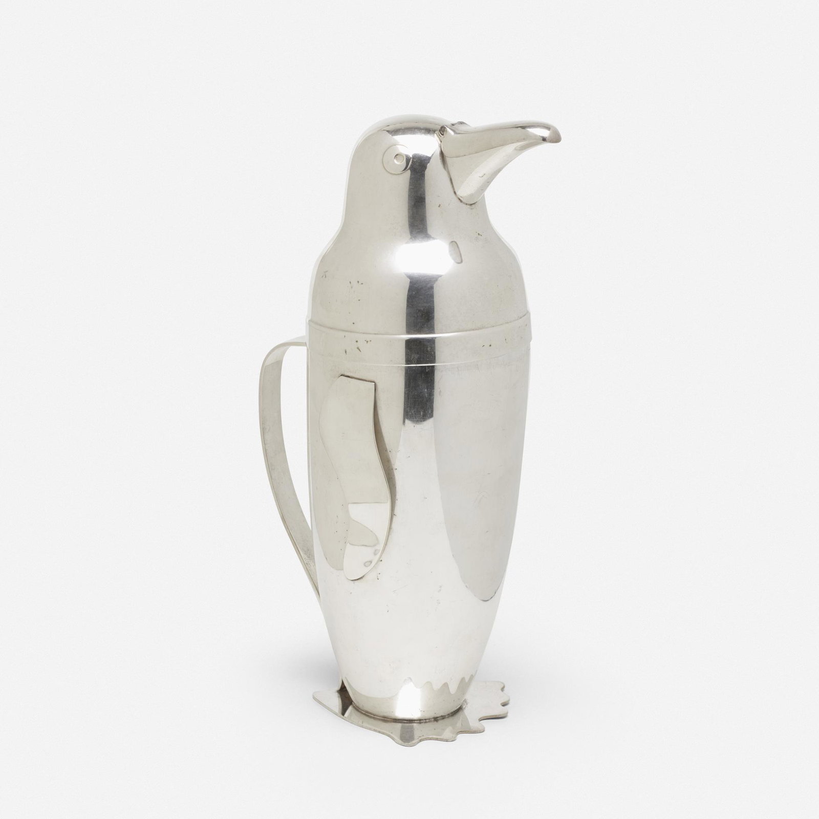 Emil Schuelke, Penguin cocktail shaker: Emil Schuelke Penguin cocktail shaker Napier Company USA, 1936 silver-plated brass 12.25 h × 4.75 w × 7 d in (31 × 12 × 18 cm) Impressed manufacturer's mark to undersid