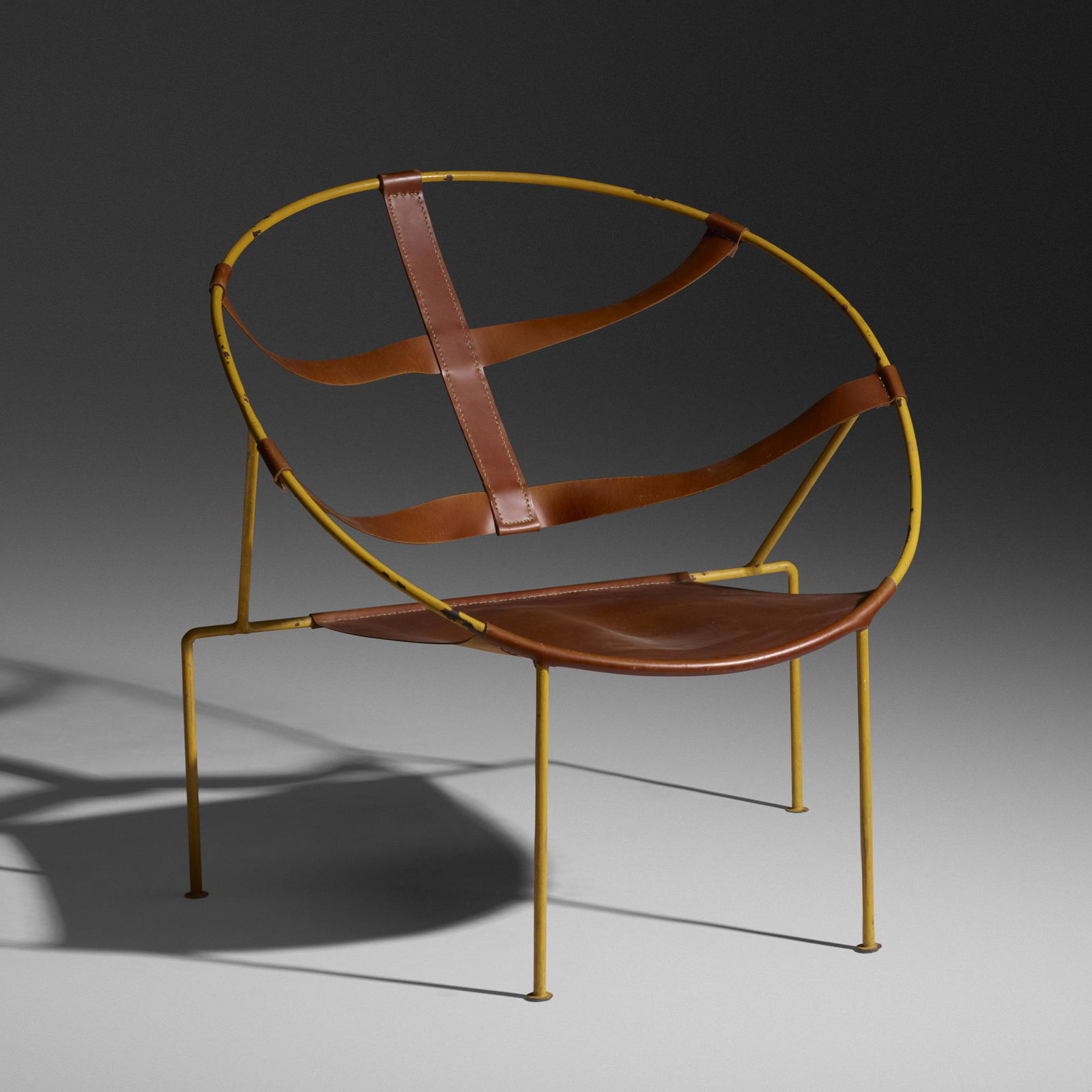 Flavio de Carvalho, armchair, model FDC1: Flavio de Carvalho armchair, model FDC1 Brazil, 1950enameled steel, leather30.5 h × 30.5 w × 31 d in (77 × 77 × 79 cm) Provenance: Private Collection, Rio