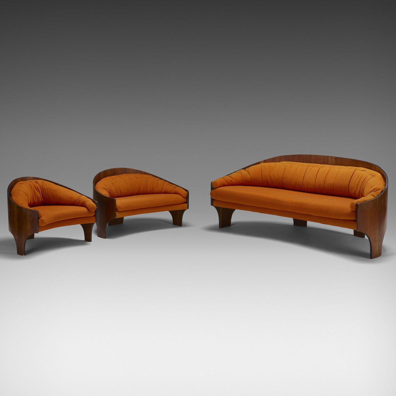 Henry P. Glass, Intimate Island suite: Henry P. Glass Intimate Island suite Deco House, Inc.USA, 1966walnut plywood, upholstery29.5 h × 73 w × 31 d in (75 × 185 × 79 cm) Suite includes sofa, settee and ar