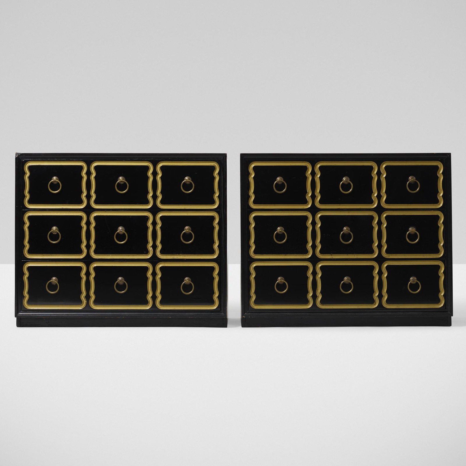Dorothy Draper, cabinets from the Espana Group, pair: Dorothy Draper cabinets from the Espana Group, pair Heritage Henredon USA, c. 1955 lacquered and gilt wood, enameled aluminum 31.5 h × 38 w × 30 d in (80 × 97 × 76 cm)
