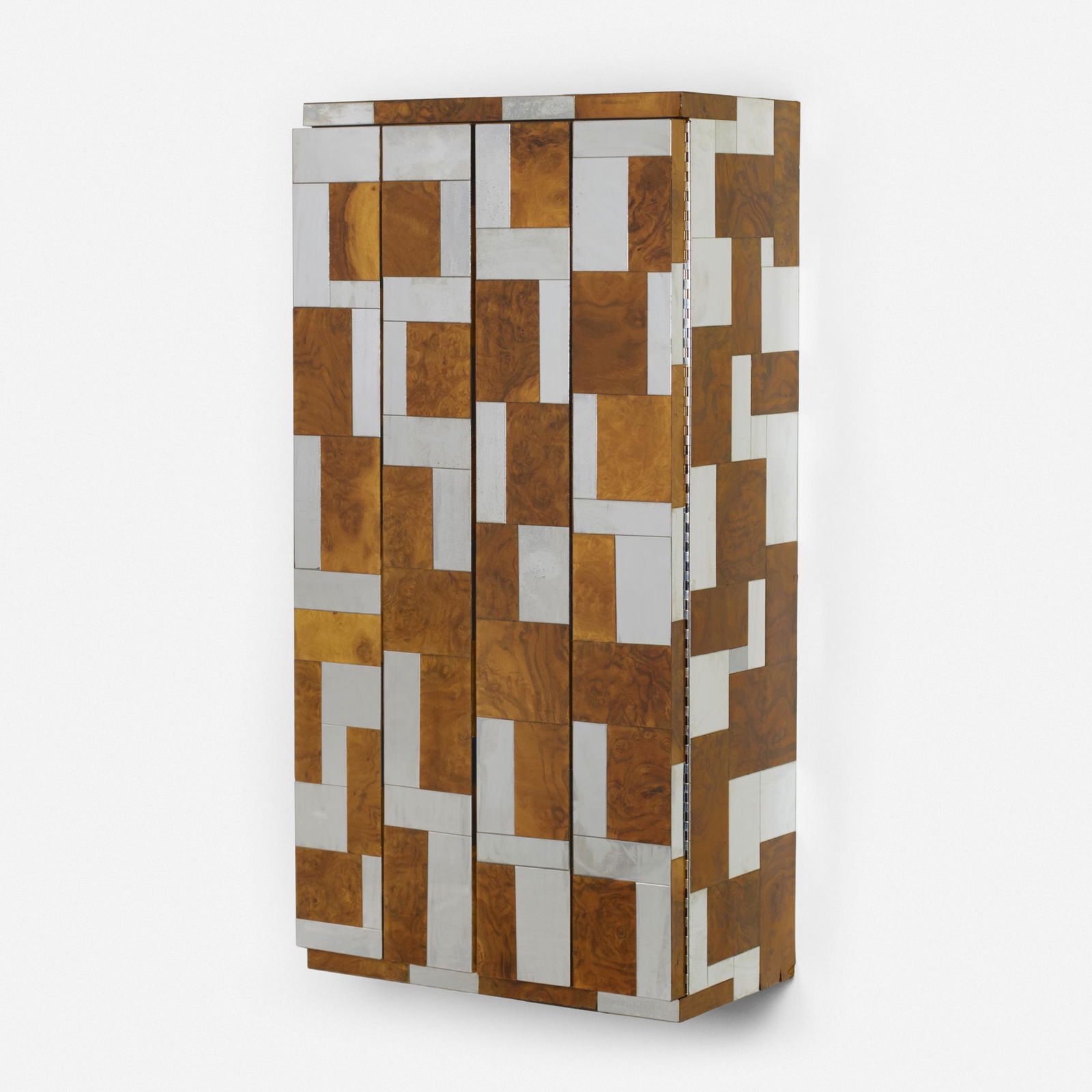 Paul Evans, wall-mounted Cityscape cabinet from the PE: Paul Evans wall-mounted Cityscape cabinet from the PE 400 series Paul Evans Studio for DirectionalUSA, c. 1975walnut burl, chrome-plated steel48 h × 24 w × 13.75 d in (122 × 61 &